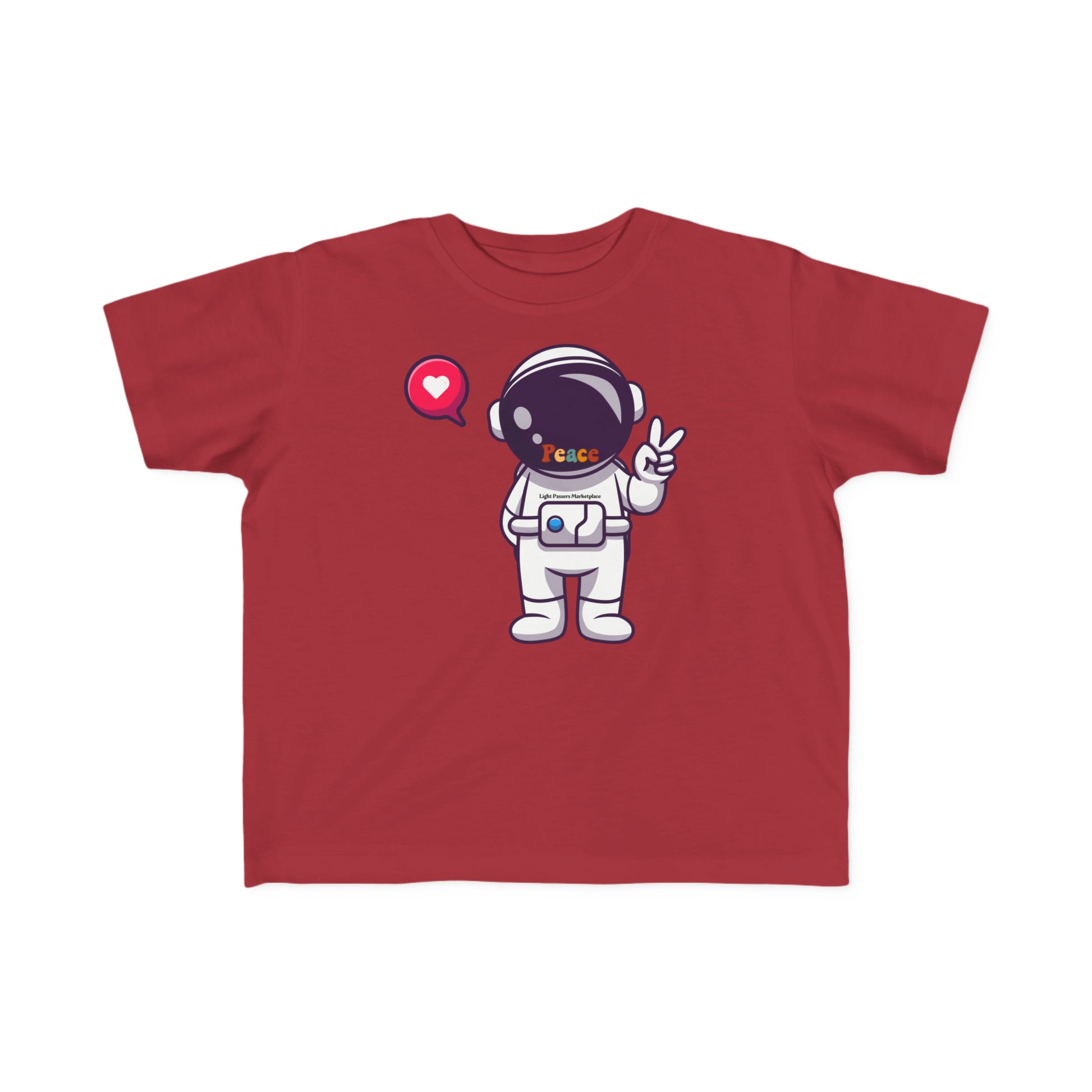 A red toddler tee featuring a cartoon astronaut making a peace sign. Soft, durable 100% combed cotton, light fabric, tear-away label, classic fit. Perfect for sensitive skin and early adventures.