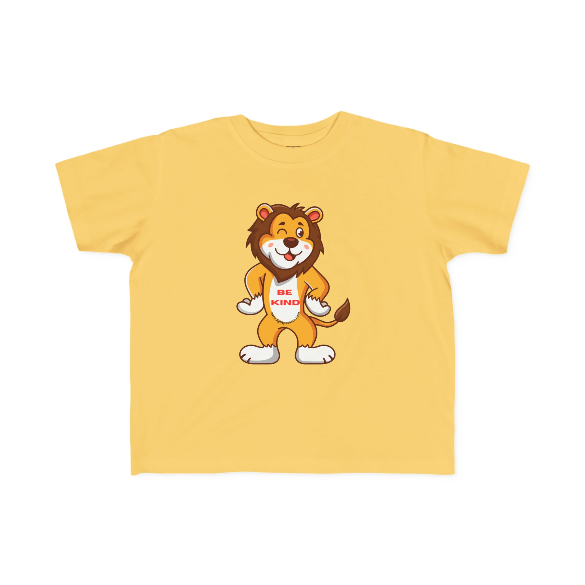 A yellow toddler t-shirt featuring a cartoon lion design, crafted from soft, durable 100% combed cotton. Light fabric, tear-away label, and a classic fit for comfort.