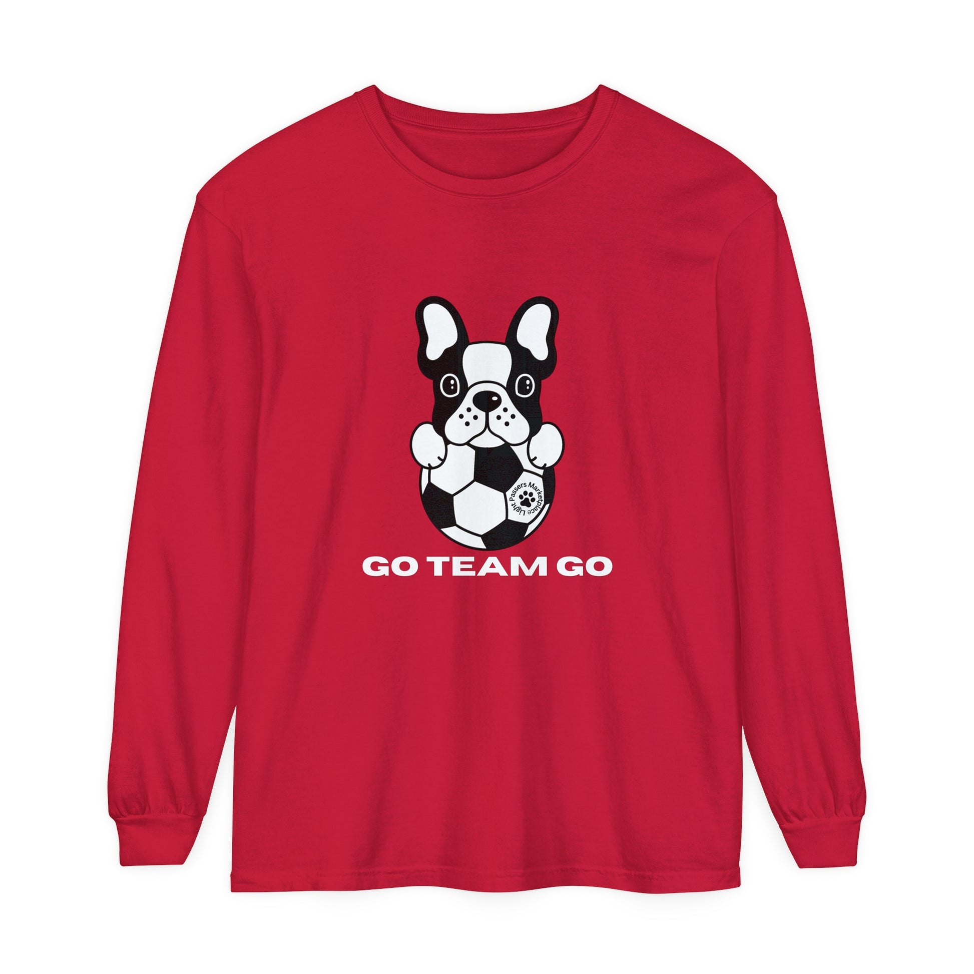 Teams Soccer Dog Adult Unisex Garment-dyed Long Sleeve features a black and white dog with a football, offering comfort with 100% ring-spun cotton.