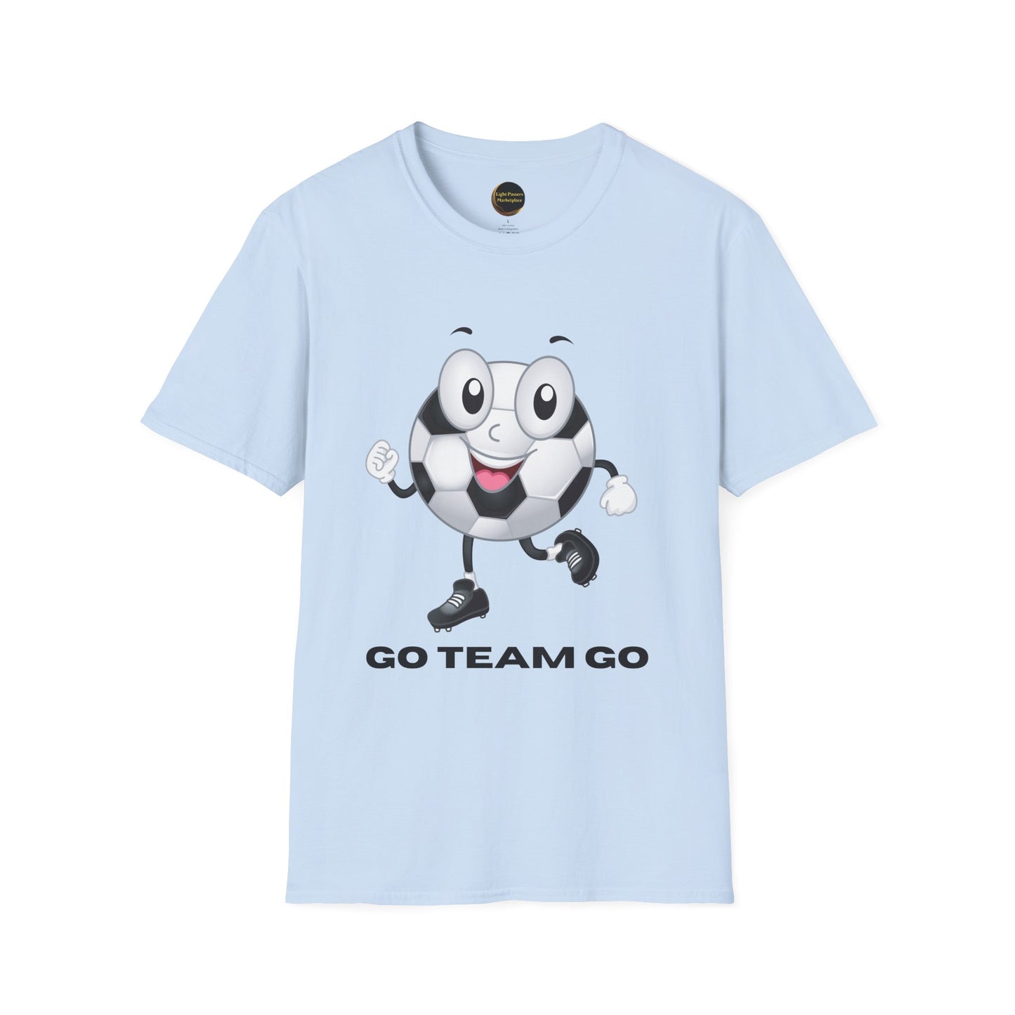 Adult Unisex Cute 'Go Team Go' Soccer T-Shirt — Soccer Ball Guy Cartoon SoccerTee (Great Gift)
