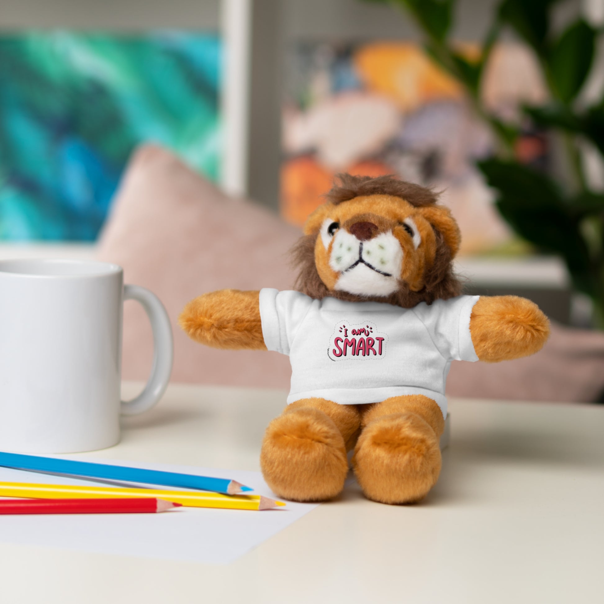 Plush toys of a bear, sheep, bunny, jaguar, panda, and lion, each wearing a customizable T-shirt with 'I am Smart' message, 8 tall.