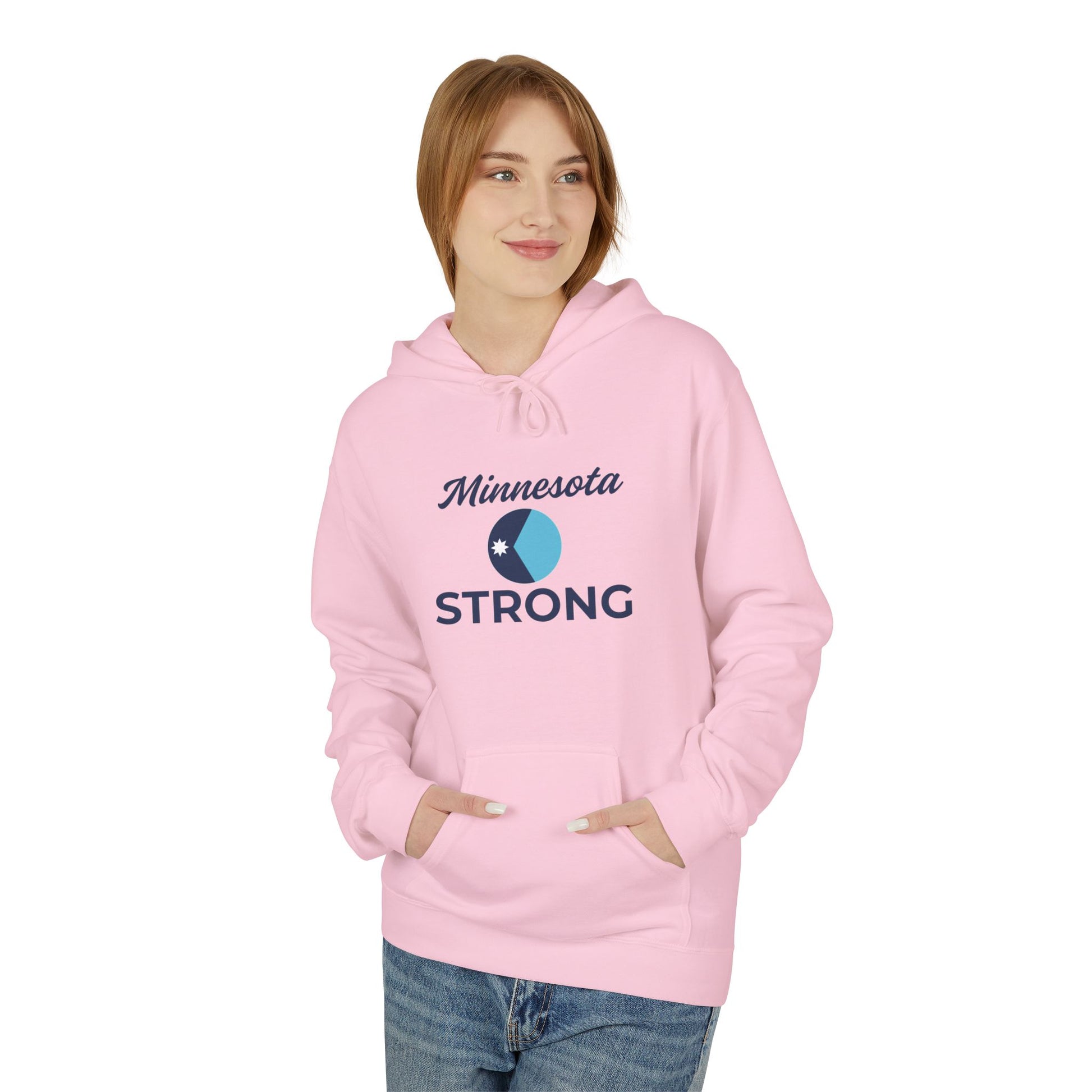 Female model wears Love and Peace The Light Adult Minnesota Strong Hoodie, featuring a blue logo and Minnesota STRONG text, hands in the pouch pocket.
