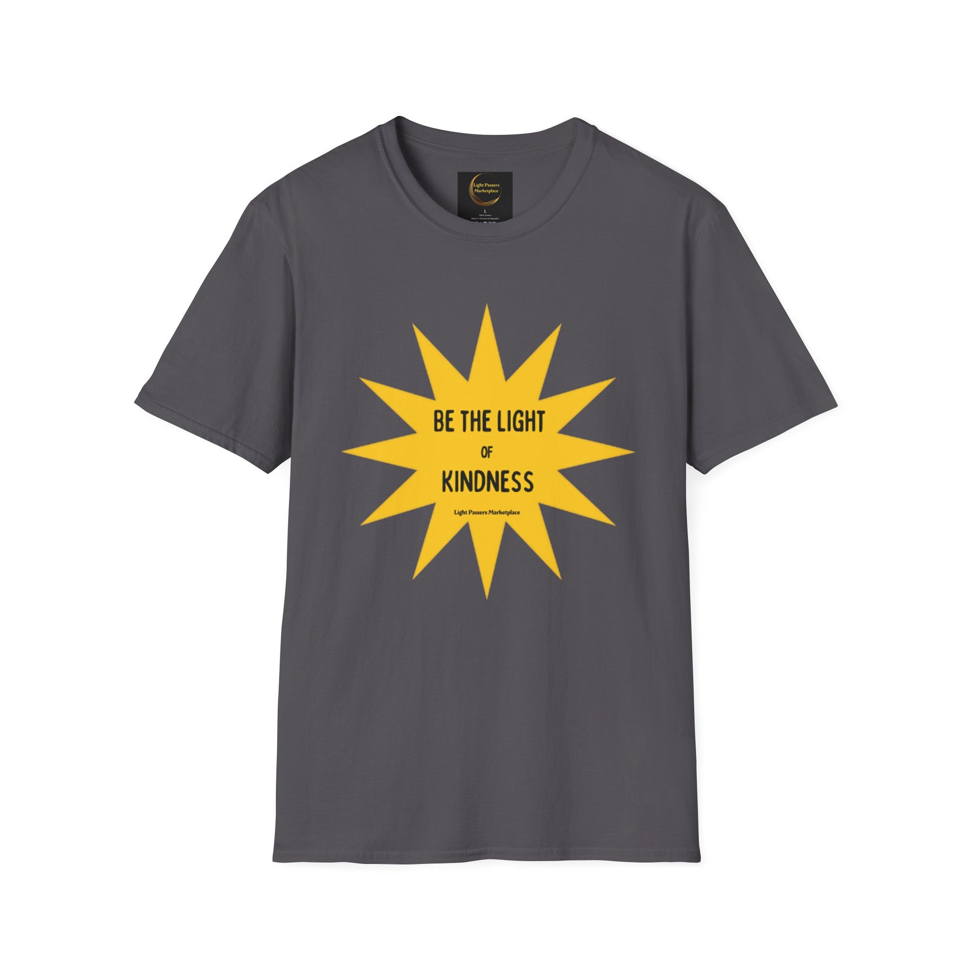 Unisex grey t-shirt featuring a yellow sun design and a star with black text. Made of 100% cotton with no side seams for comfort. Ideal for casual wear with a tear-away label.