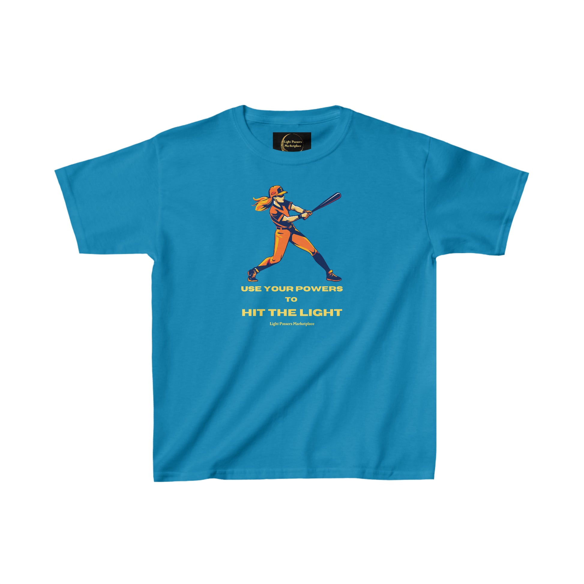 Youth blue t-shirt featuring a baseball player graphic. Made of 100% cotton for solid colors, with twill tape shoulders for durability. Ribbed collar, no side seams, and ethically sourced materials for comfort and quality.