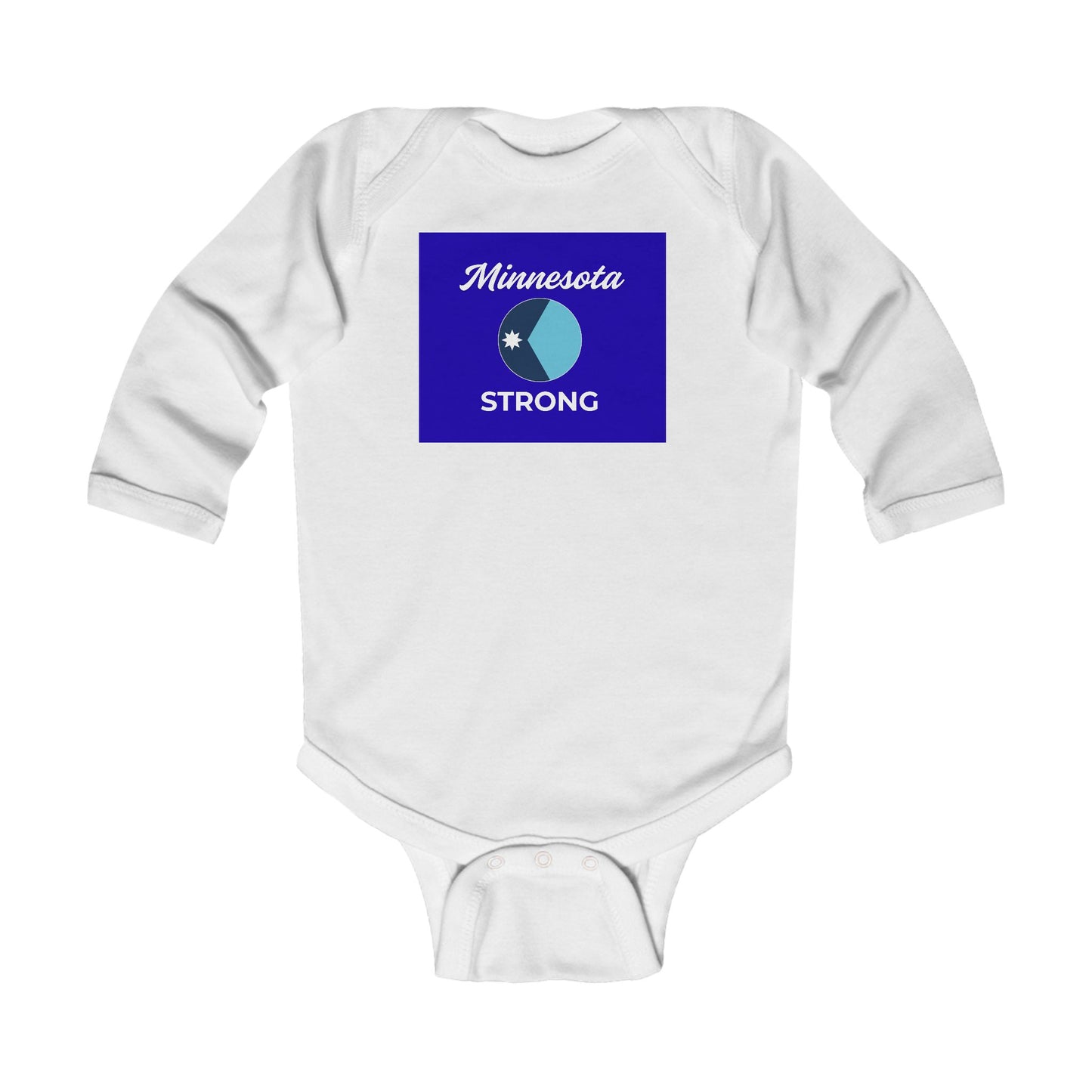 Minnesota Strong – Family & Community Infant Long Sleeve Bodysuit with a blue-purple graphic symbolizing resilience and hope, perfect for little Minnesotans.