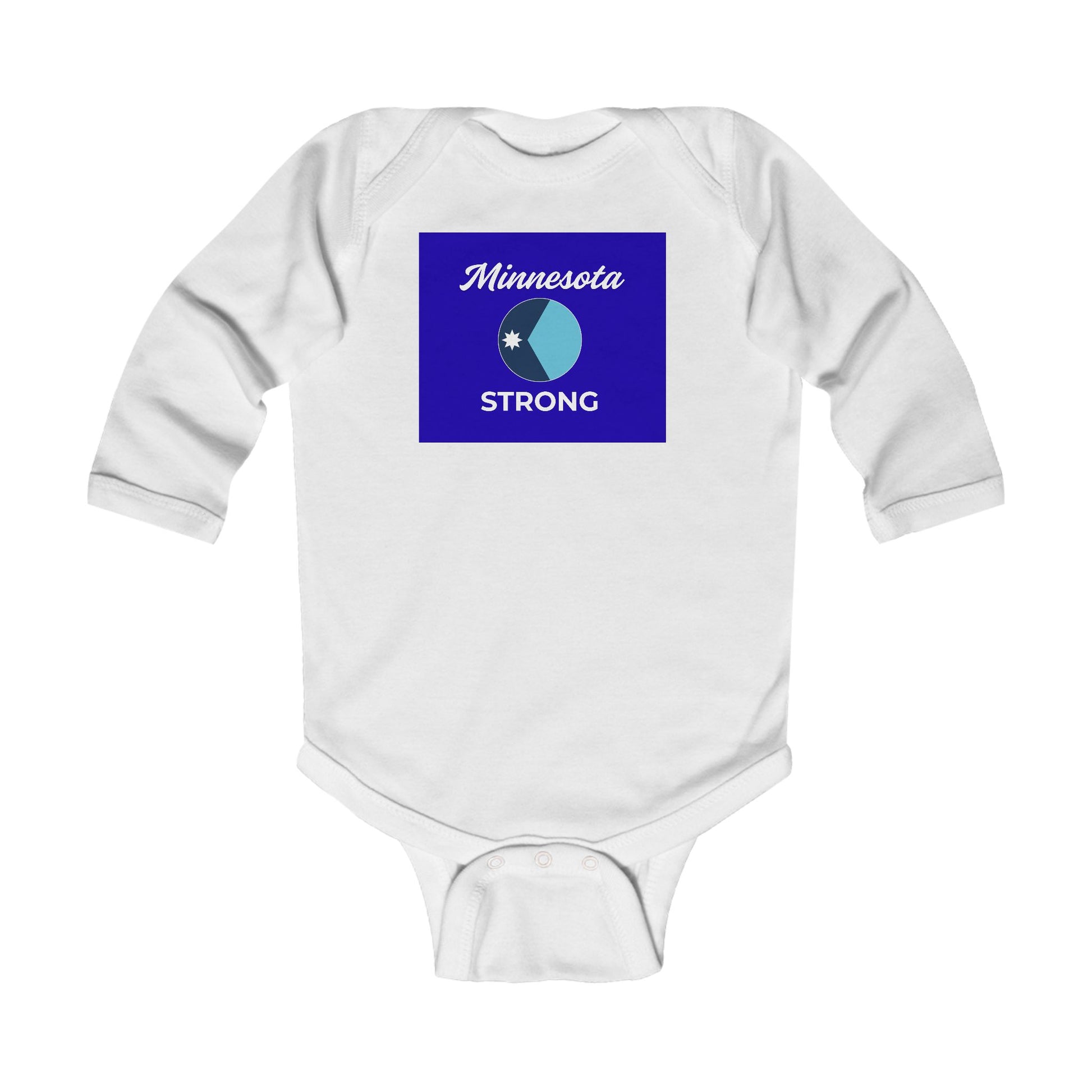 Minnesota Strong – Family & Community Infant Long Sleeve Bodysuit with a blue-purple graphic symbolizing resilience and hope, perfect for little Minnesotans.