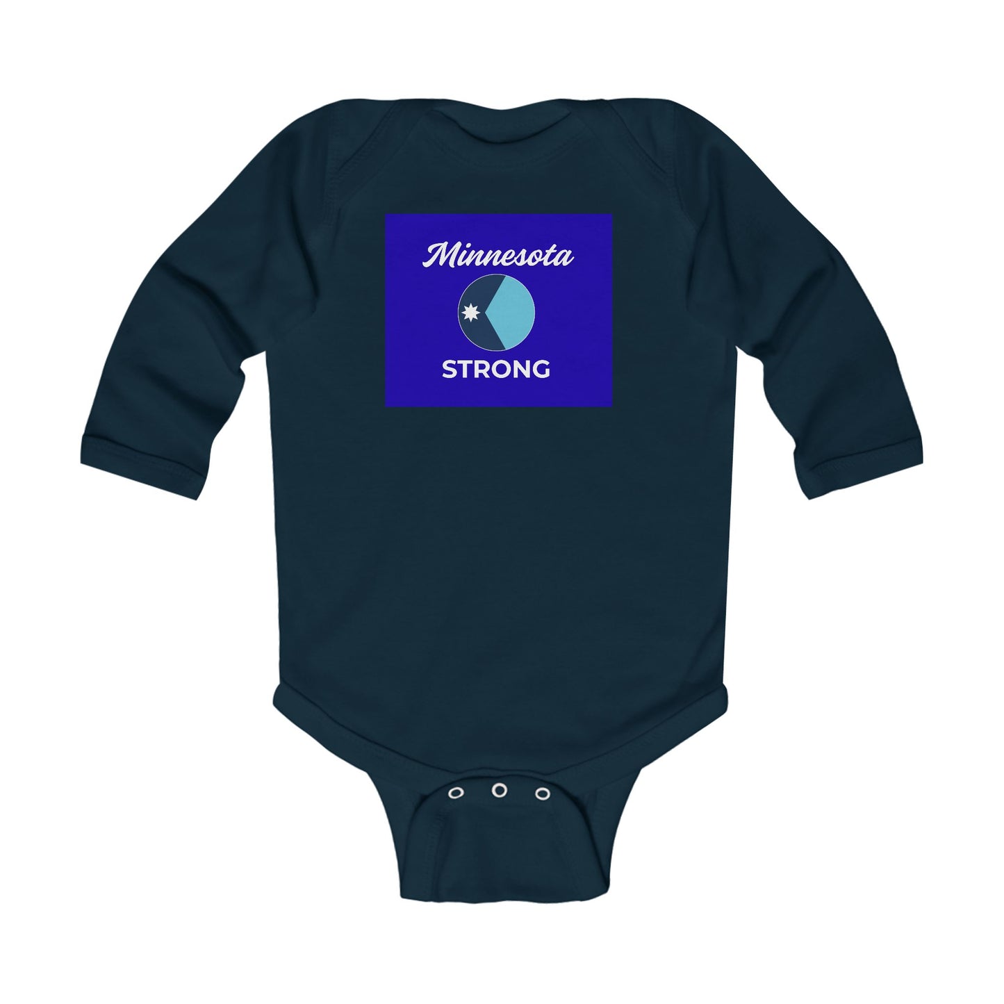 Navy-blue infant bodysuit with Minnesota Strong graphic, long sleeves, snap closures, promoting family and resilience.