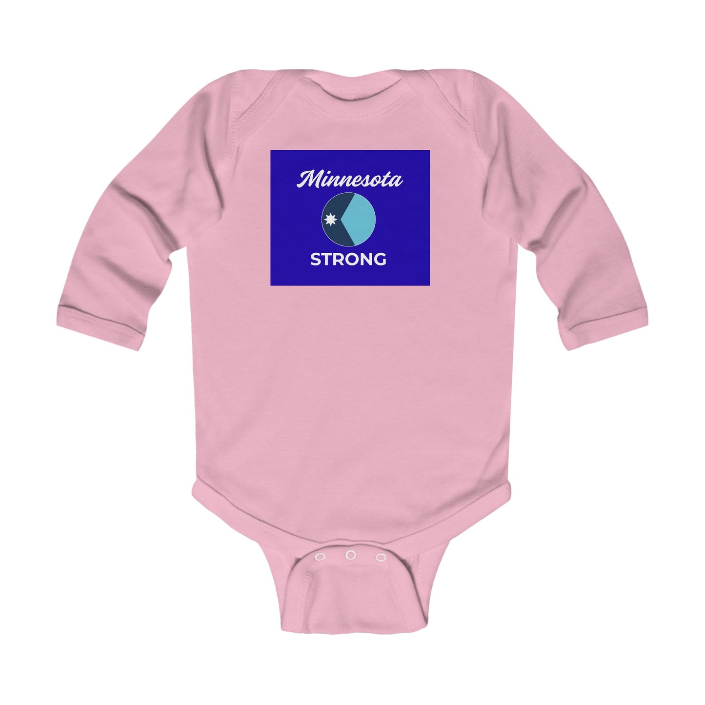 Minnesota Strong – Family & Community Infant Long Sleeve Bodysuit with blue graphic, promoting resilience and togetherness. Ideal for comfortable wear and quick changes.