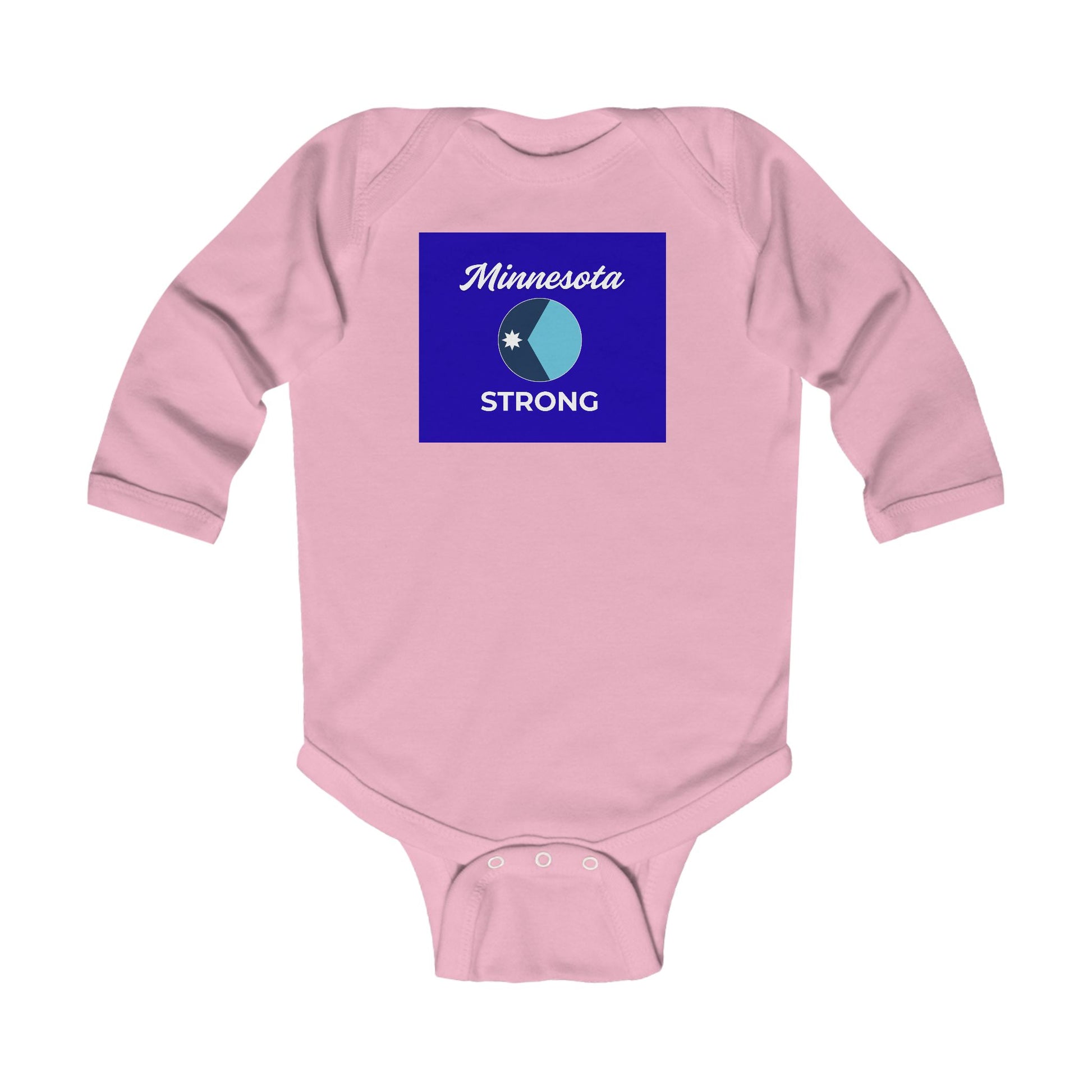 Minnesota Strong – Family & Community Infant Long Sleeve Bodysuit with blue graphic, promoting resilience and togetherness. Ideal for comfortable wear and quick changes.