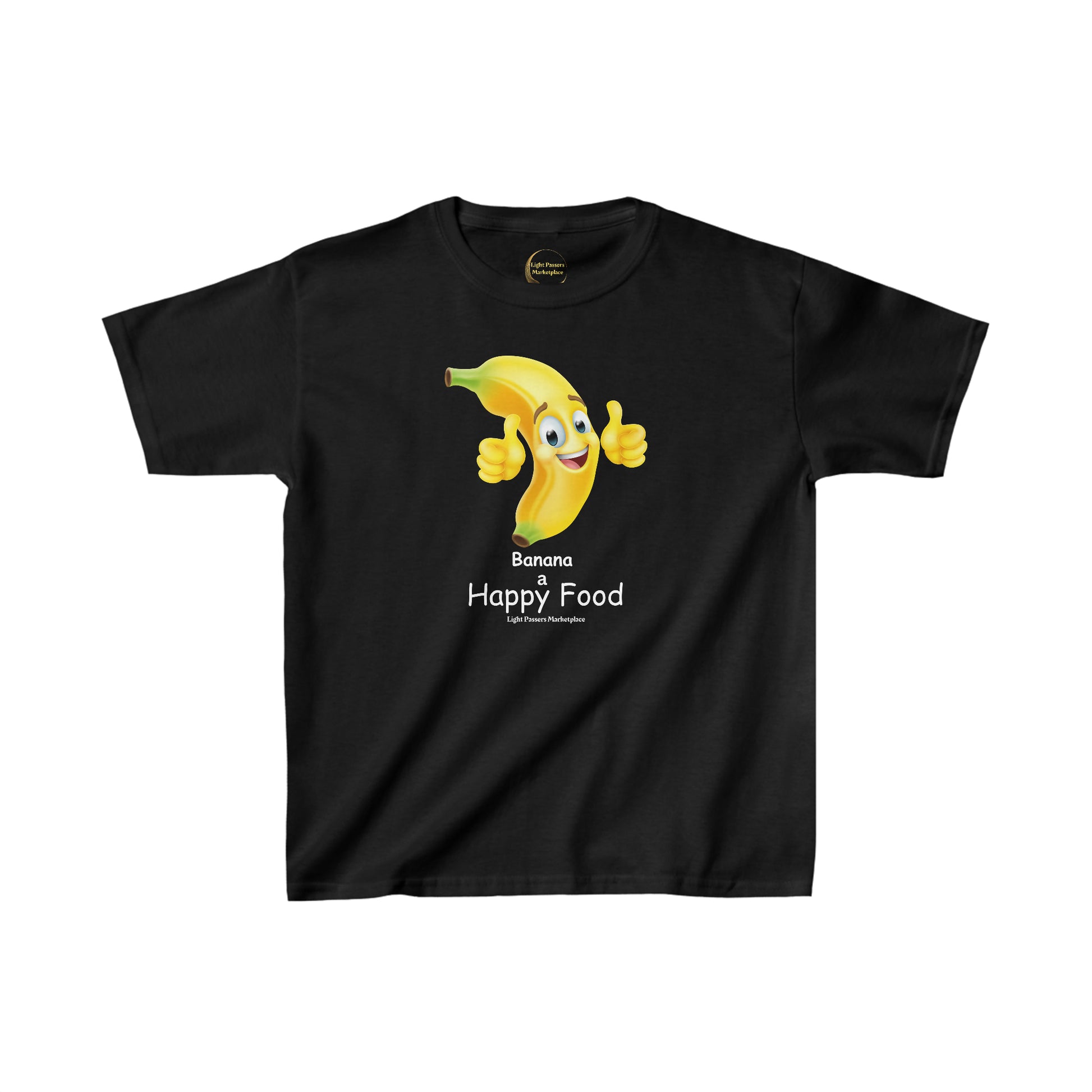 Youth black t-shirt featuring a cartoon banana with a thumbs up. Made of 100% cotton for solid colors, with twill tape shoulders for durability and curl-resistant ribbed collar. Ethically sourced US cotton.