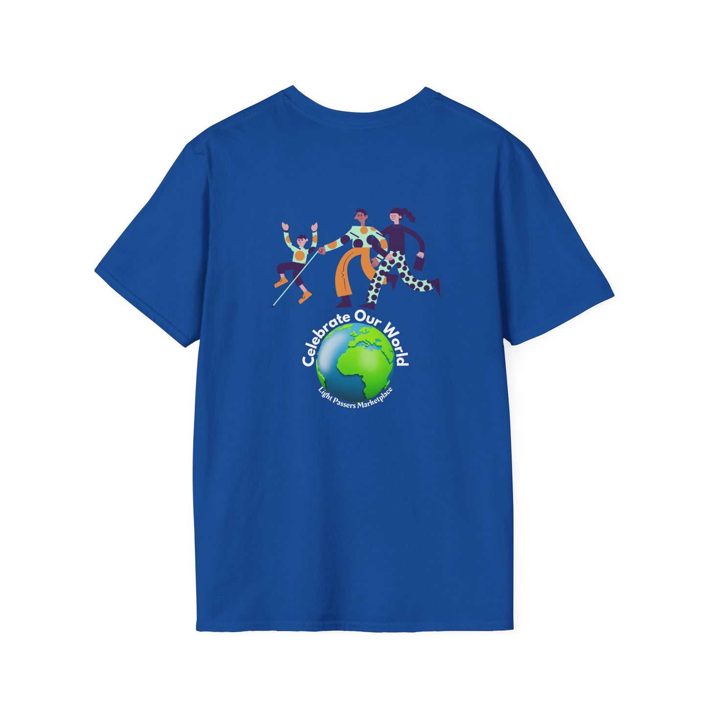 A blue unisex t-shirt featuring a globe and people graphic. Made of soft 100% cotton with twill tape shoulders and no side seams for durability. Classic fit with crew neckline for versatile style.