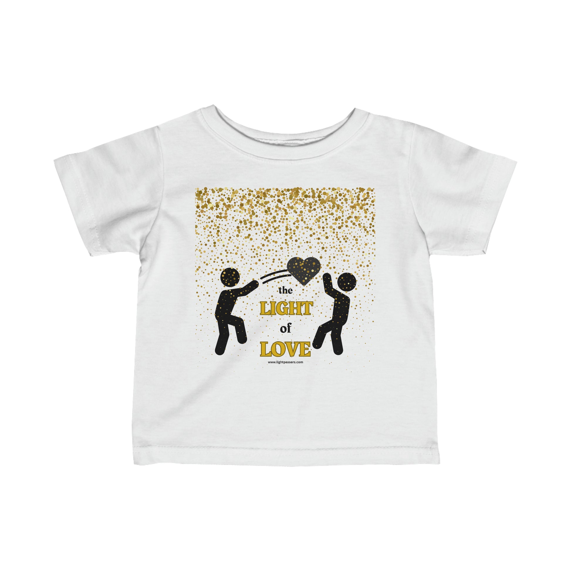 A white infant tee with gold and black graphics, featuring a heart and text design. Side seams, ribbed knitting, and taped shoulders for durability and comfort. Made of 100% combed ringspun cotton.