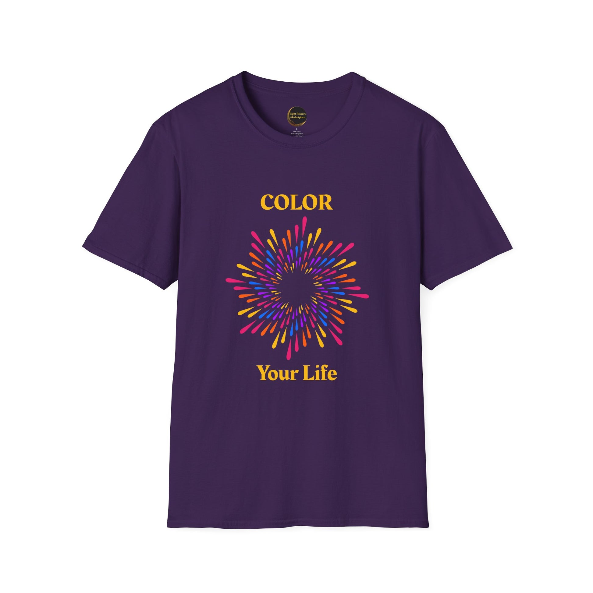 The Light- 'Color Your Life' Adult Unisex T-Shirt, featuring a classic fit and crew neckline, exudes a vibrant style ideal for casual or celebratory wear.