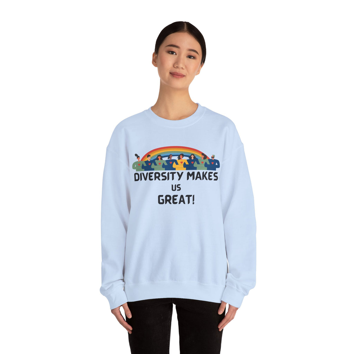 Diversity Makes Us Great Adult Unisex Crew Neck Sweatshirt — Inclusive Rainbow Crewneck Yellow or Black Letters