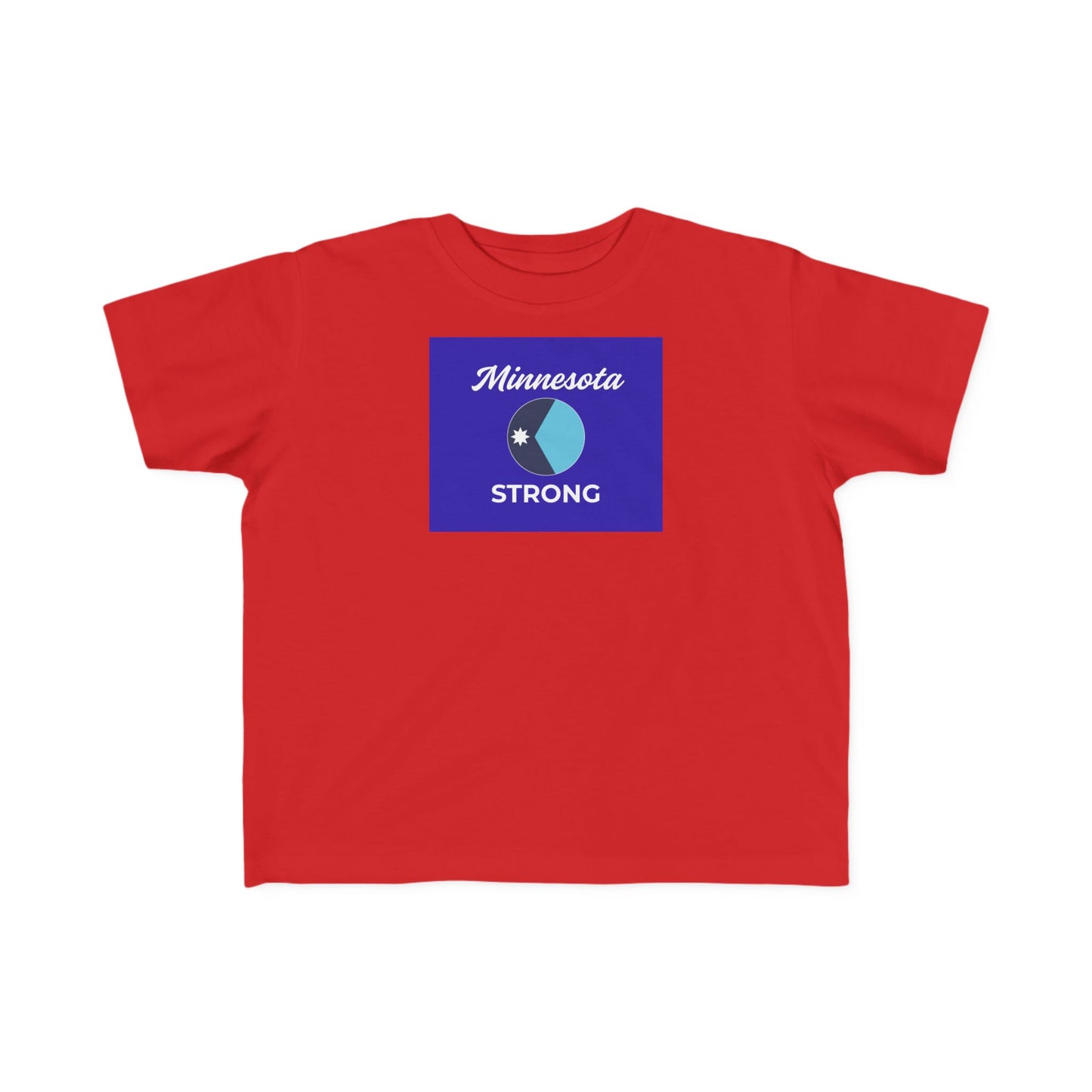 Red toddler tee with Minnesota Strong graphic, featuring white script and emblem, symbolizing community pride. Lightweight, breathable, designed for comfort and movement.