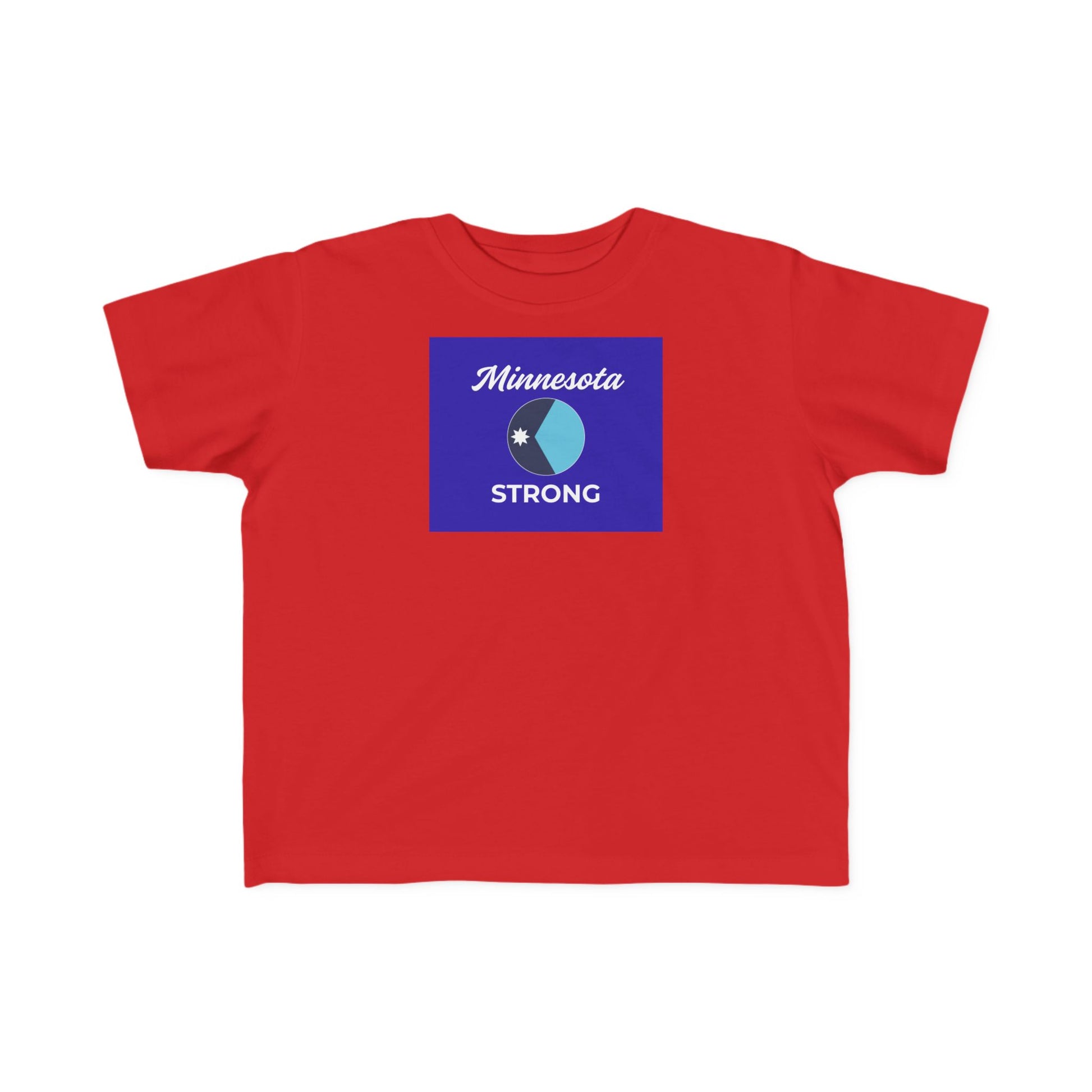 Red toddler tee with Minnesota Strong graphic, featuring white script and emblem, symbolizing community pride. Lightweight, breathable, designed for comfort and movement.