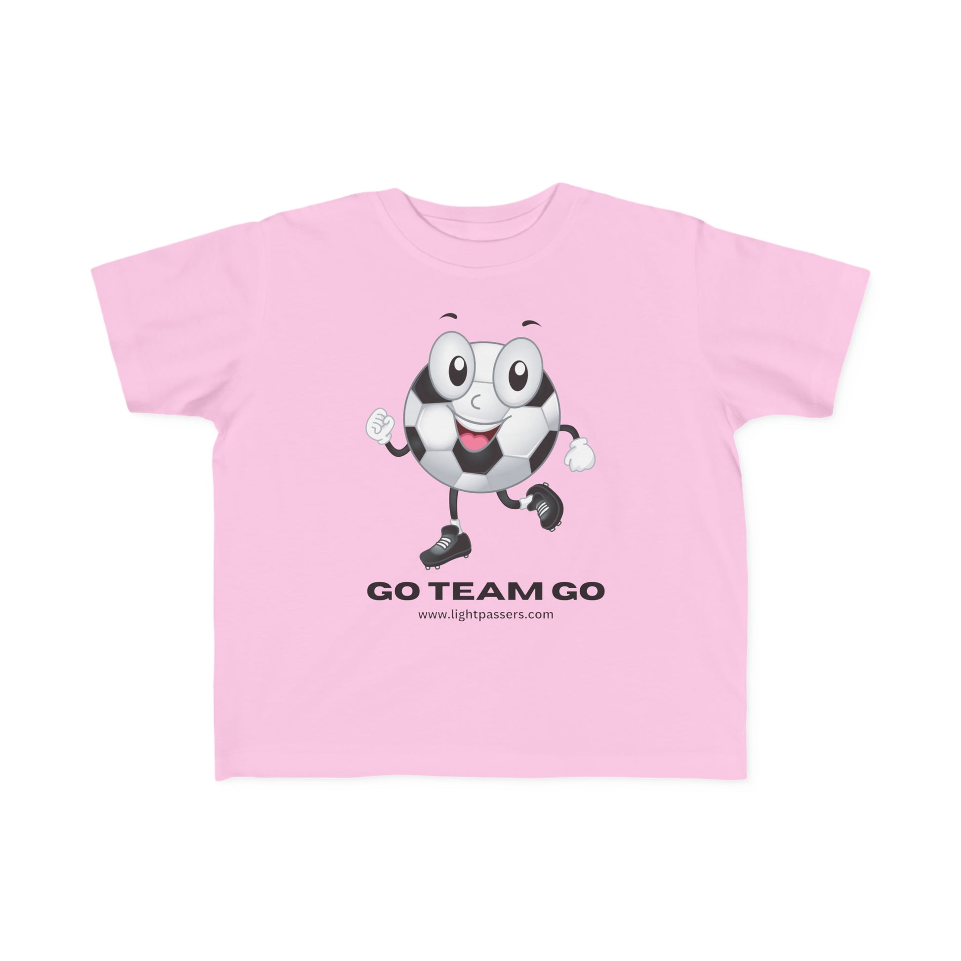 A Soccer Ball Guy Toddler T-shirt featuring a cartoon football ball print on a pink tee. Made of 100% soft combed cotton, light fabric, tear-away label, and a classic fit.