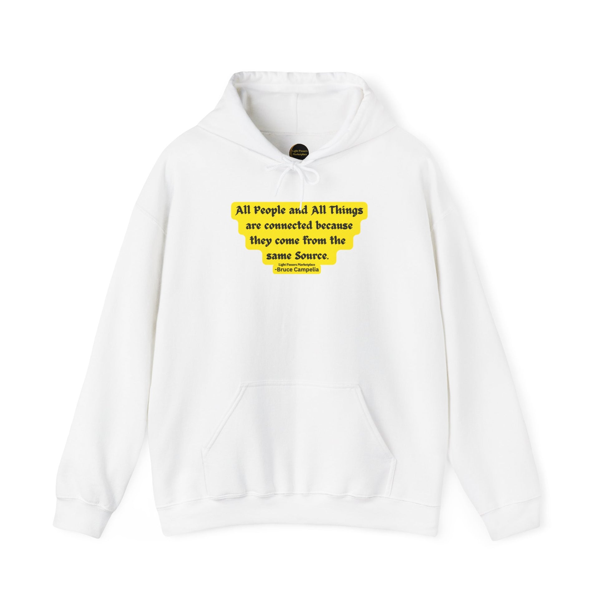 A white hooded sweatshirt with a yellow label, kangaroo pocket, and color-matched drawstring. Made of 50% cotton and 50% polyester for warmth and comfort. Unisex.