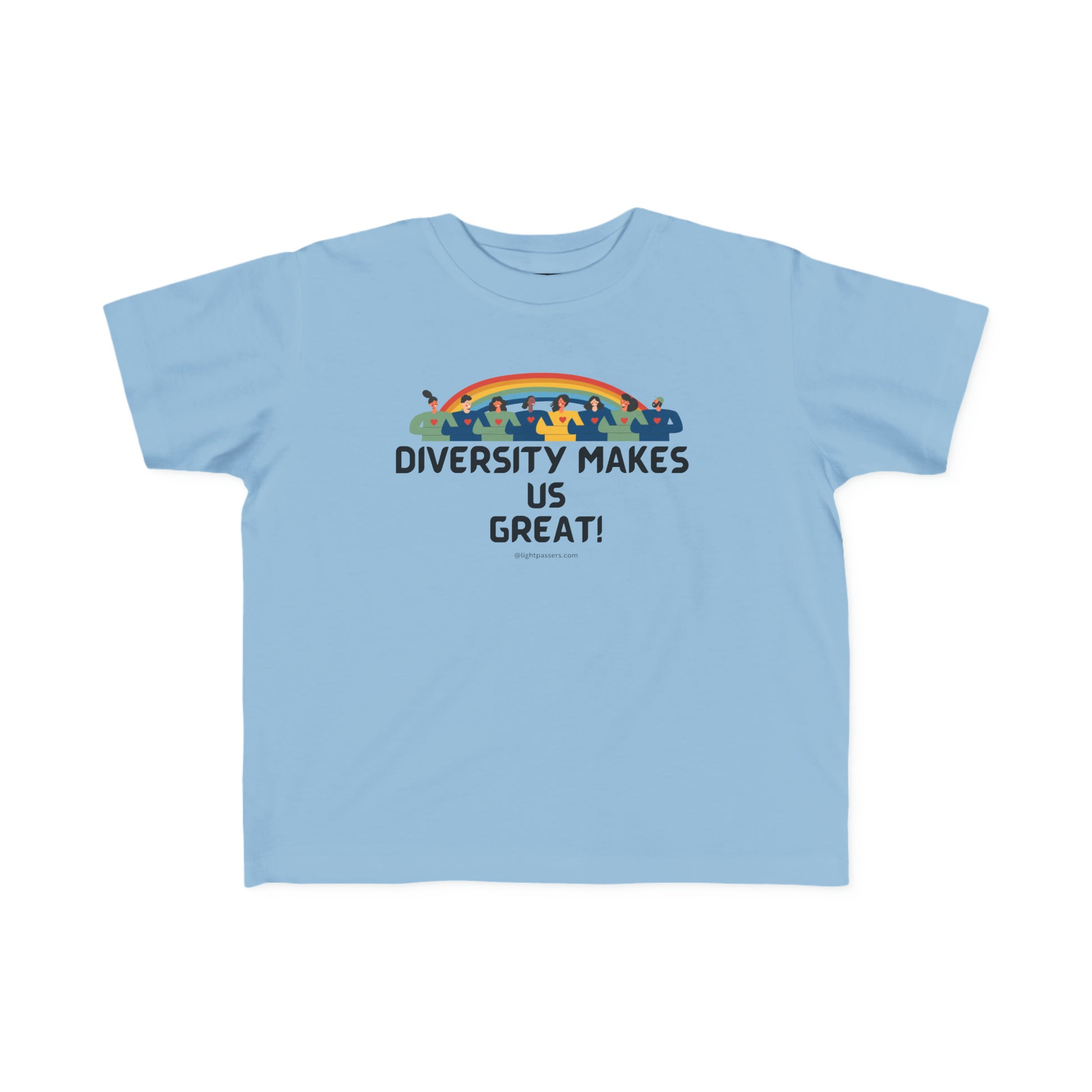 A toddler's tee featuring Diversity Makes Us Great text. Soft, 100% combed cotton, durable print, light fabric, classic fit, tear-away label, true to size.