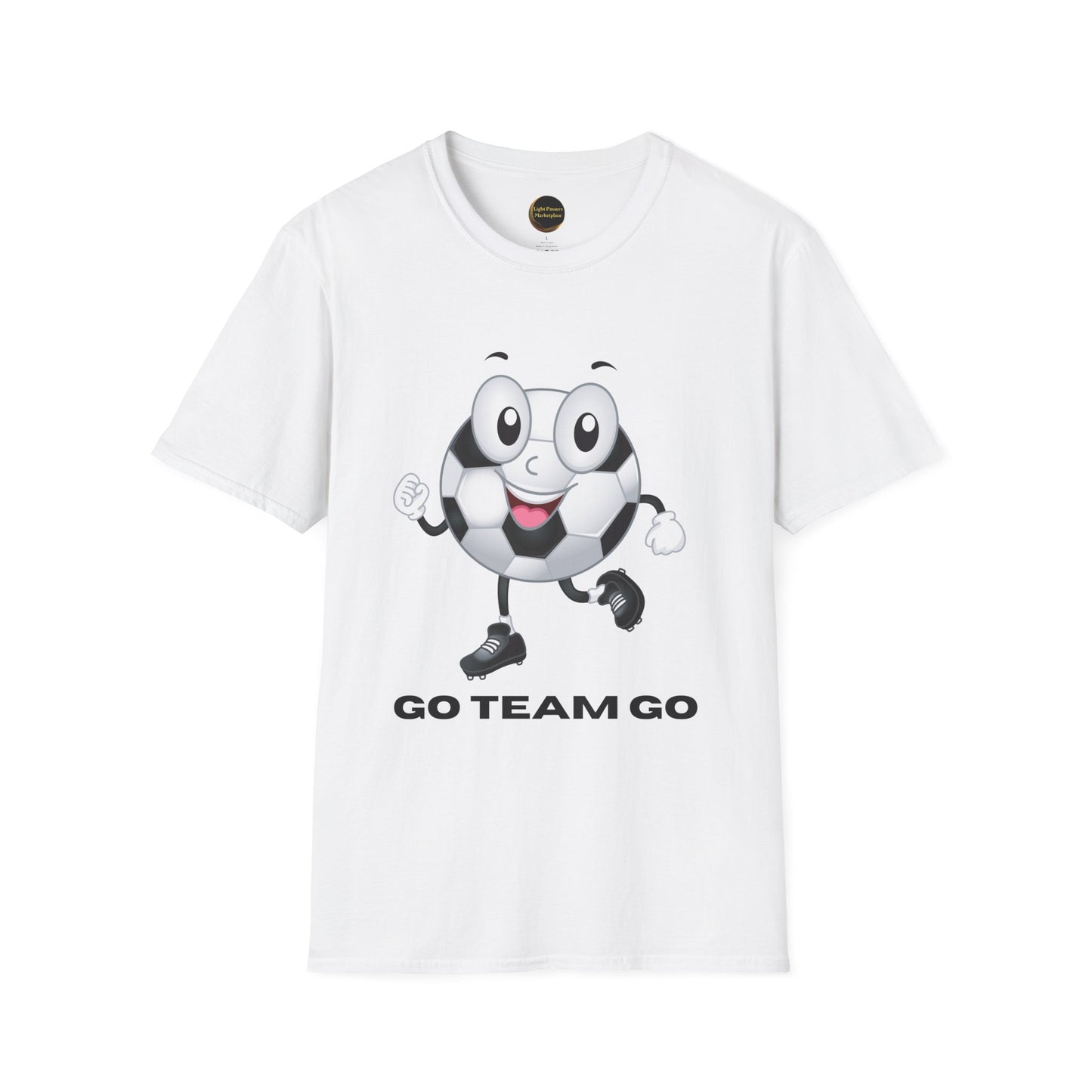 Adult Unisex Cute 'Go Team Go' Soccer T-Shirt — Soccer Ball Guy Cartoon SoccerTee (Great Gift)