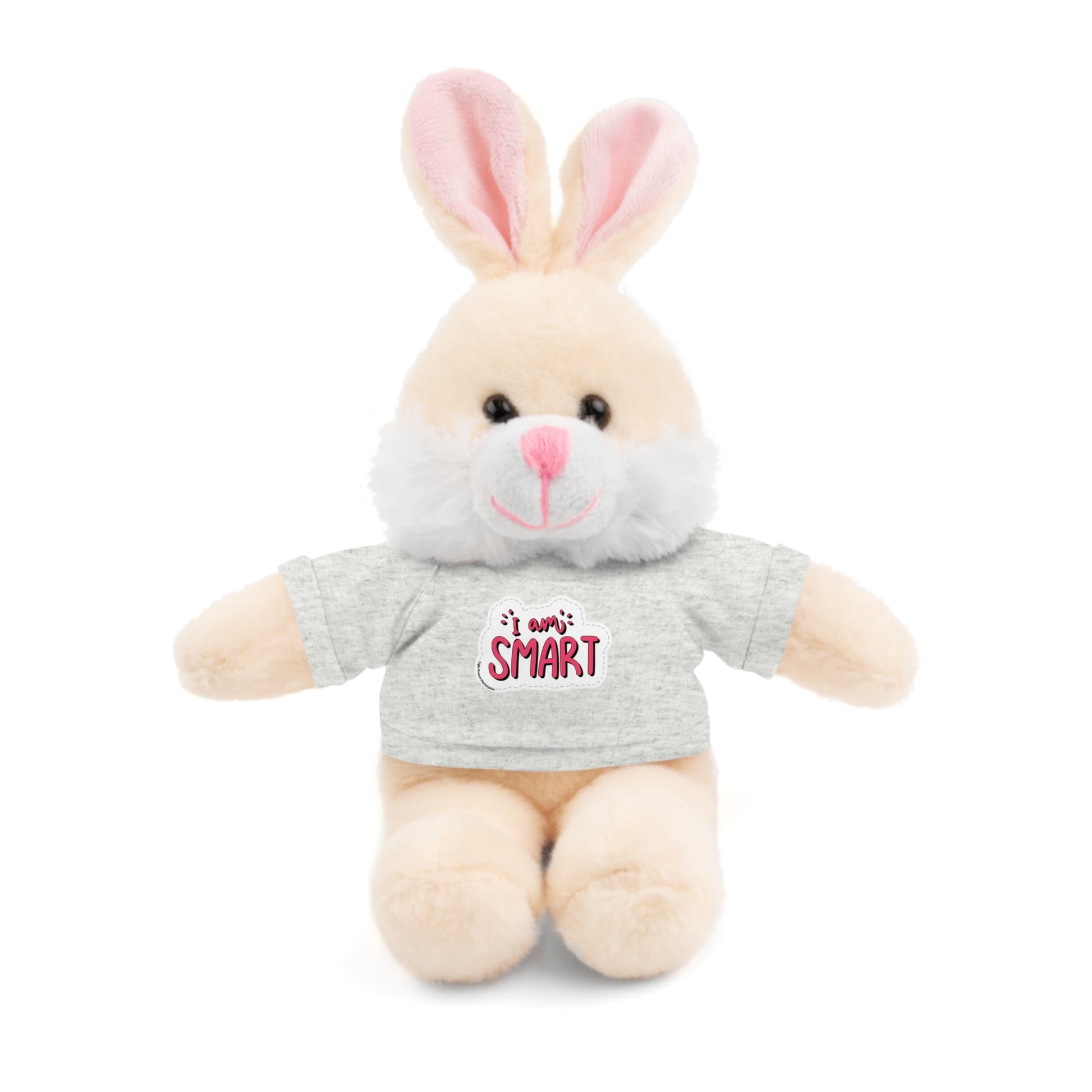 Stuffed animal bunny wearing a T-shirt with 'I am Smart' message, part of Cool Stuff Stuffies collection, promoting education and cuddly fun.