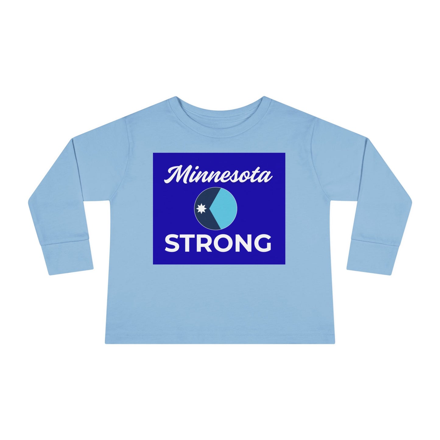 Light-blue toddler long-sleeve shirt with Minnesota Strong graphic, featuring community pride. Perfect for active days, embodying Light Passers Marketplace's inspirational ethos.