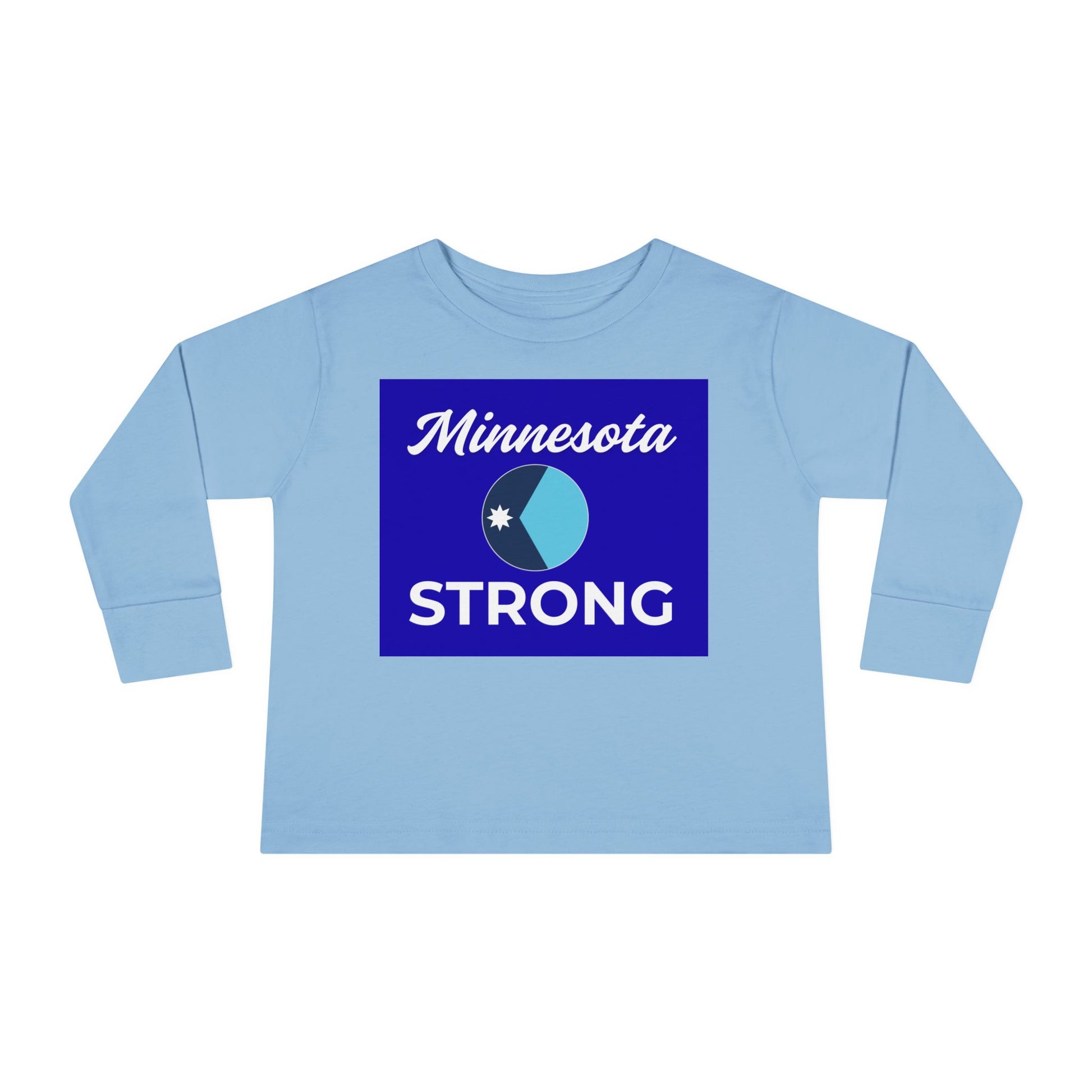 Light-blue toddler long-sleeve shirt with Minnesota Strong graphic, featuring community pride. Perfect for active days, embodying Light Passers Marketplace's inspirational ethos.