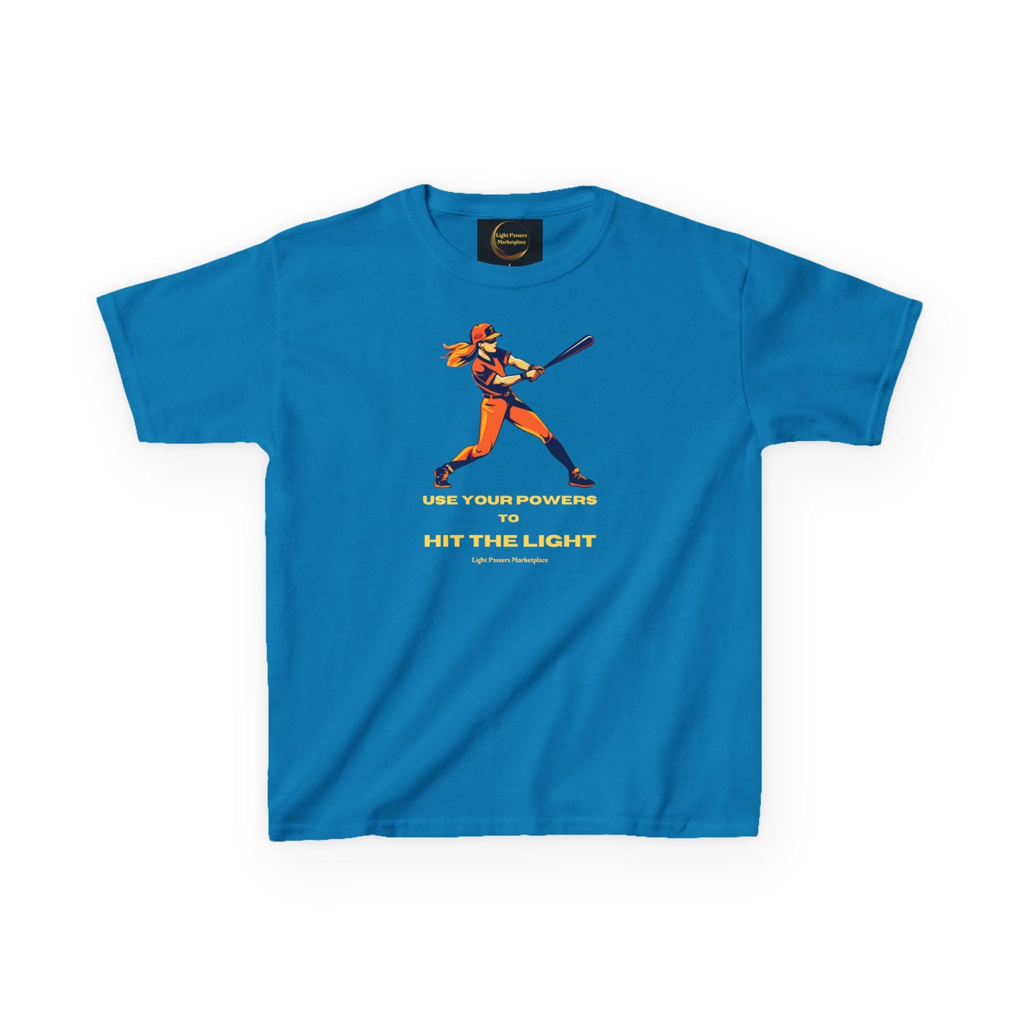 Bright blue Teams Girl Hit the Light youth T-shirt featuring a baseball player graphic and motivational slogan, from Light Passers Marketplace.