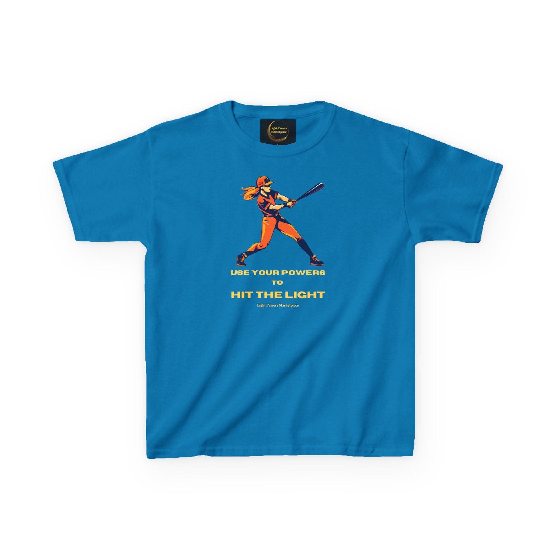 Bright blue Teams Girl Hit the Light youth T-shirt featuring a baseball player graphic and motivational slogan, from Light Passers Marketplace.