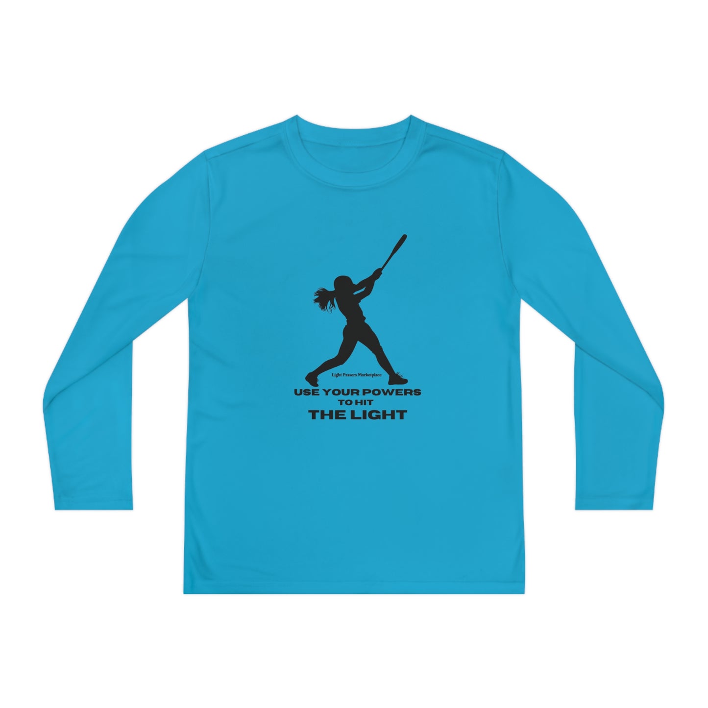 Youth long sleeve blue shirt with a girl swinging a bat silhouette, ideal for active kids. Made of 100% moisture-wicking polyester, lightweight, and breathable for comfort during sports.