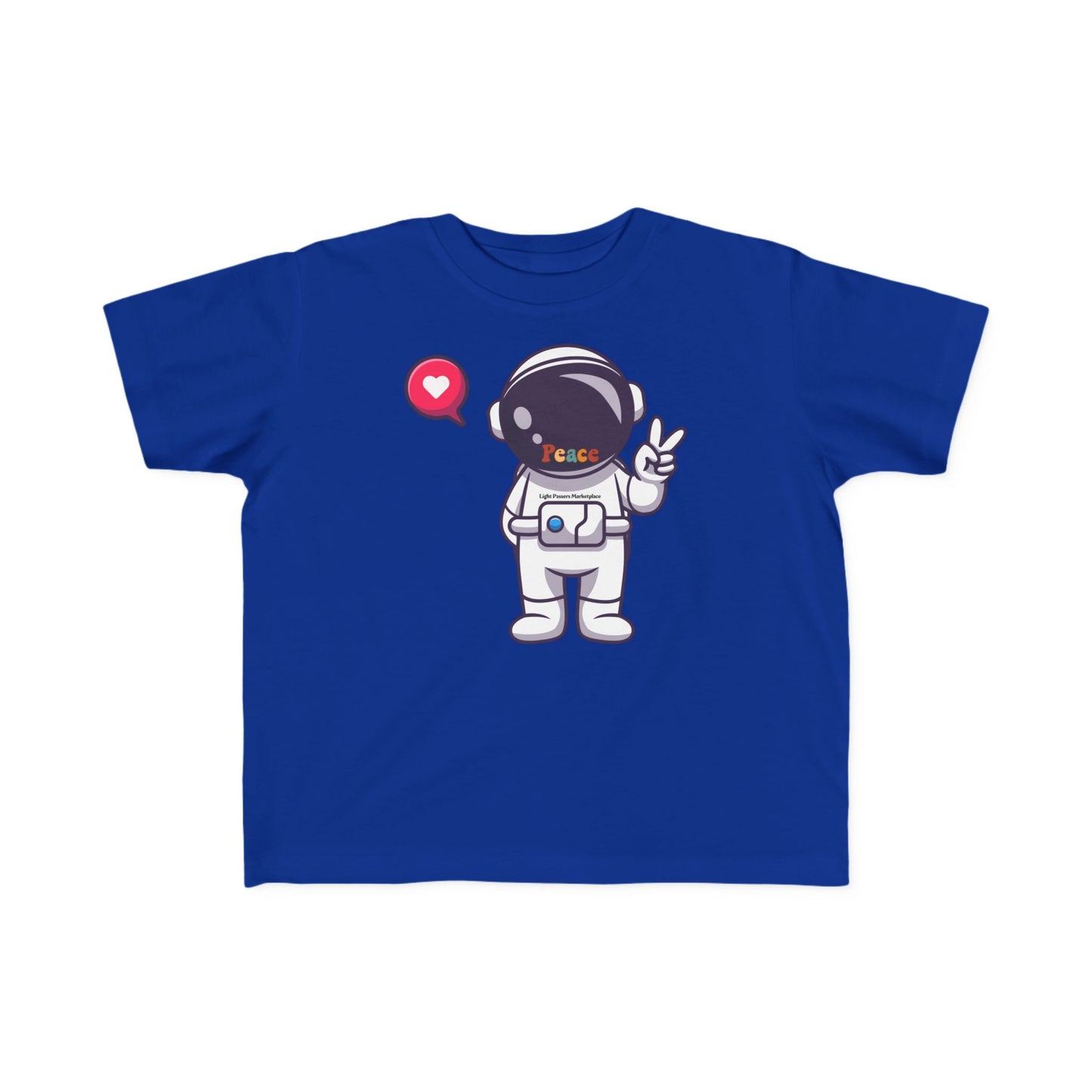 Peace Astronaut Toddler T-shirt featuring a cartoon astronaut with a peace sign and heart icon, designed for softness and durability, perfect for sensitive skin.