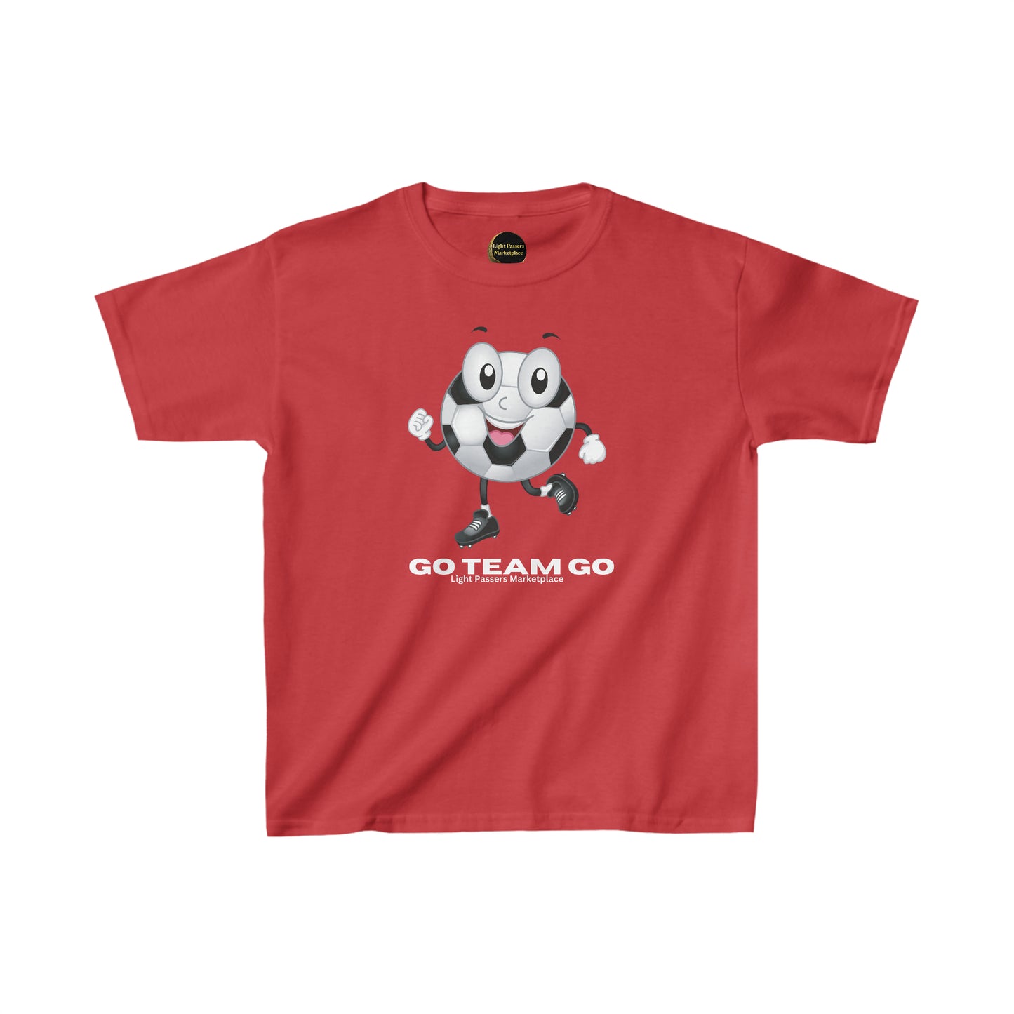 Youth red t-shirt featuring a cartoon soccer ball character. Made of 100% cotton for comfort and durability. Crew neckline, tear-away labels, and ethically sourced materials.