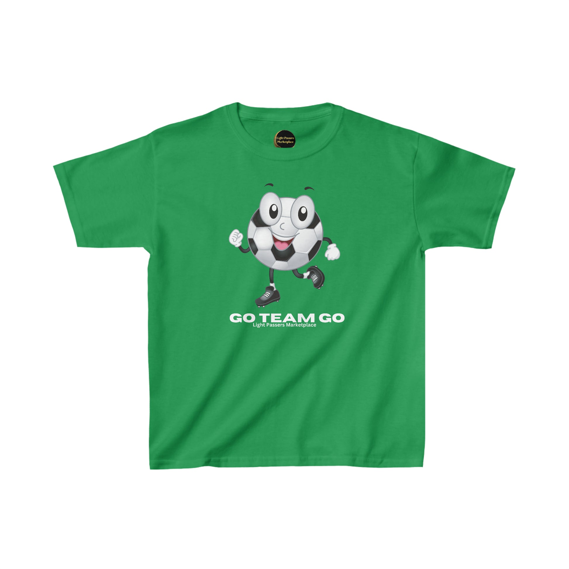 A green youth t-shirt featuring a cartoon soccer ball character. Made of 100% cotton, with twill tape shoulders and curl-resistant collar for durability and comfort. Ethically sourced US cotton.