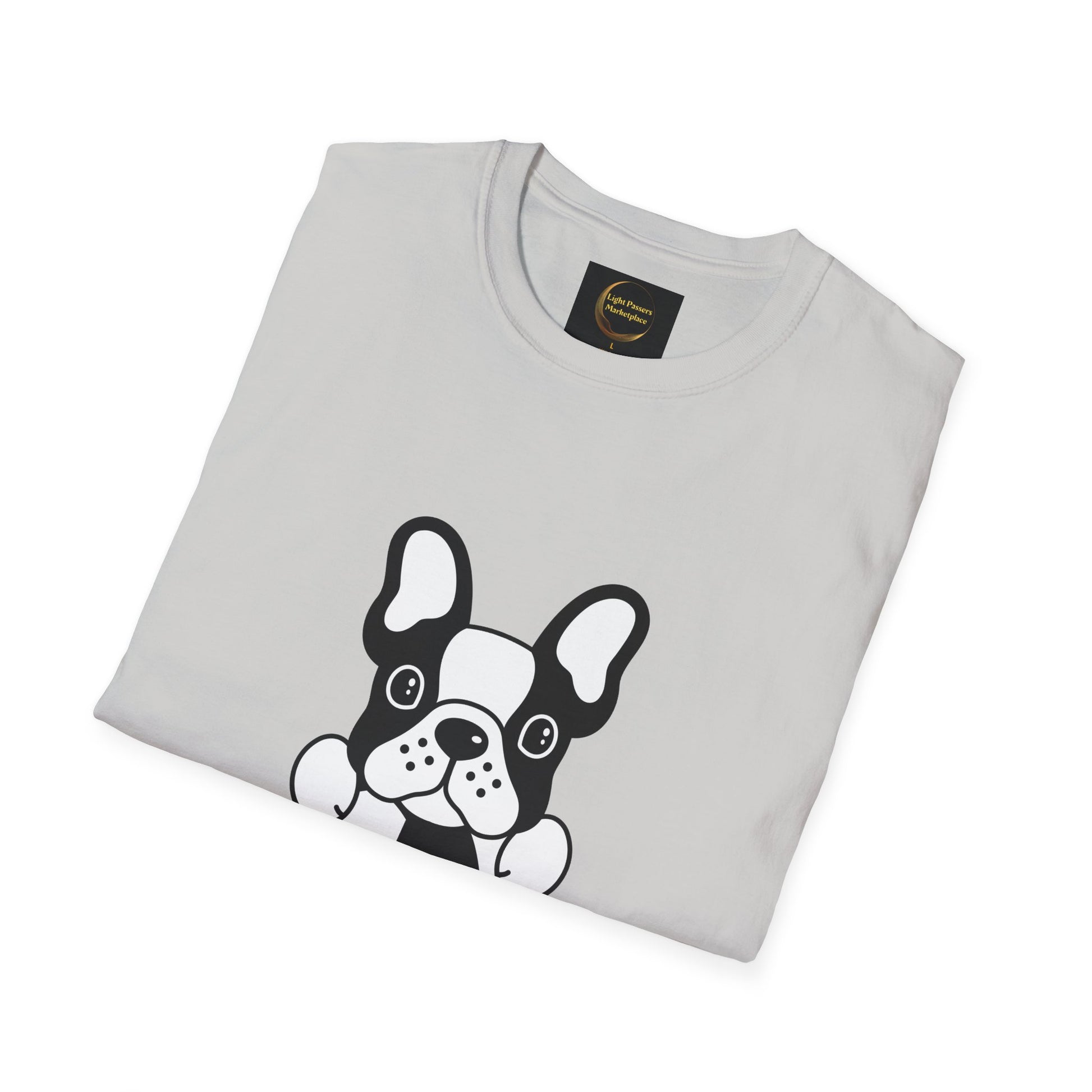 Soccer Dog Unisex T-Shirt: White tee with a cartoon French bulldog illustration. Features a Light Passers Marketplace label, emphasizing comfort and durability.