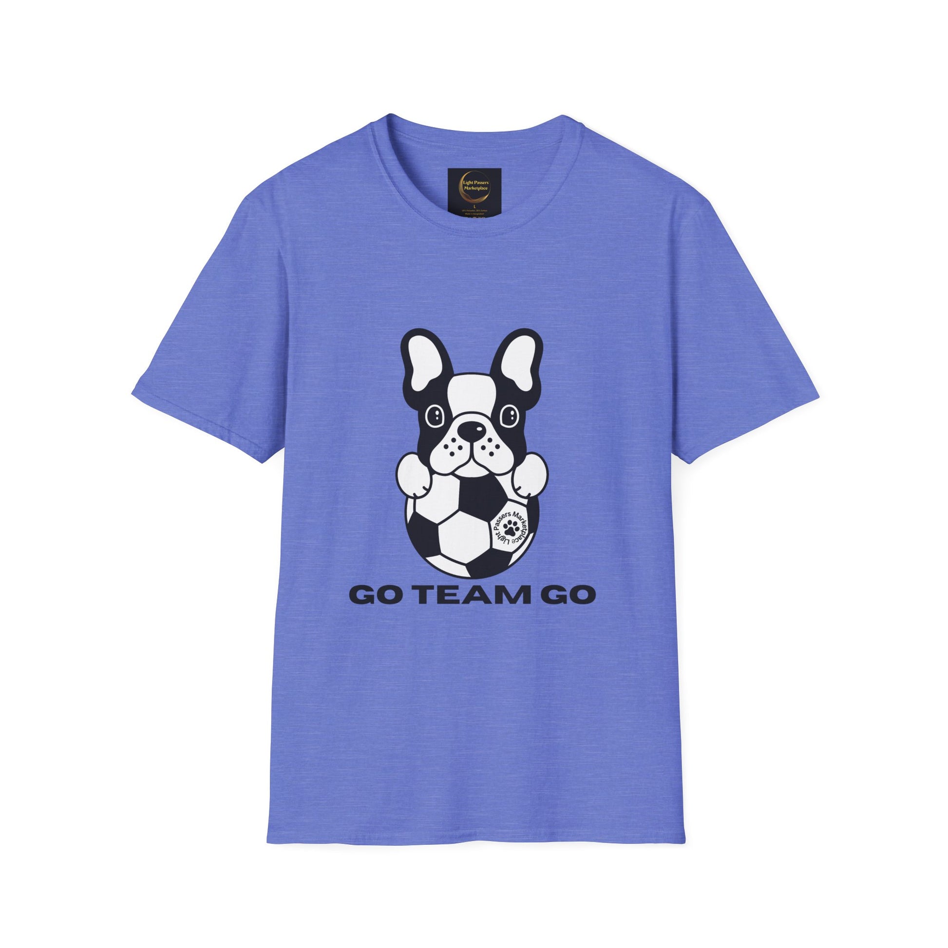 Soccer Dog Unisex T-Shirt featuring a French bulldog cartoon with a soccer ball and GO TEAM GO slogan, highlighting casual comfort and durability.