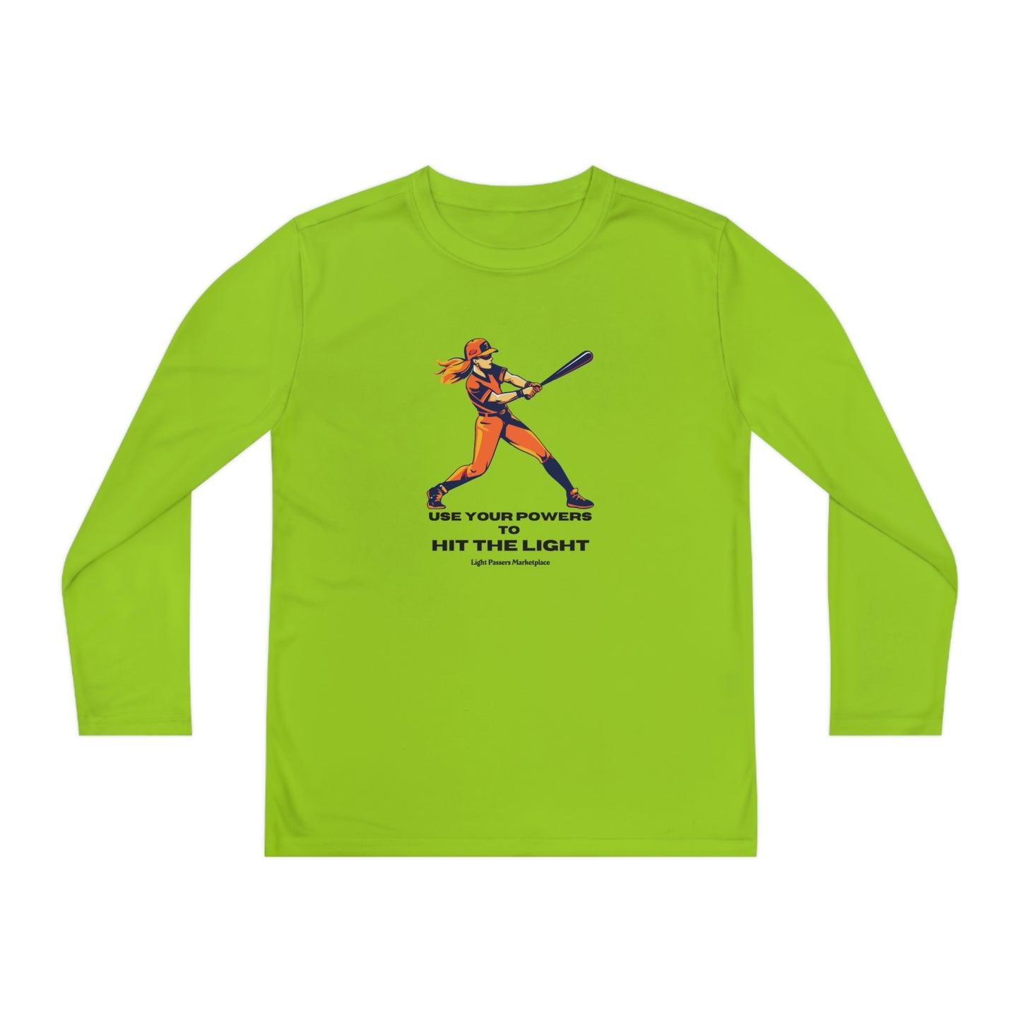 A girl in a green long-sleeved shirt swings a baseball bat. Sport-Tek PosiCharge ® Competitor™ tee, 100% moisture-wicking polyester, lightweight, breathable, perfect for active kids.