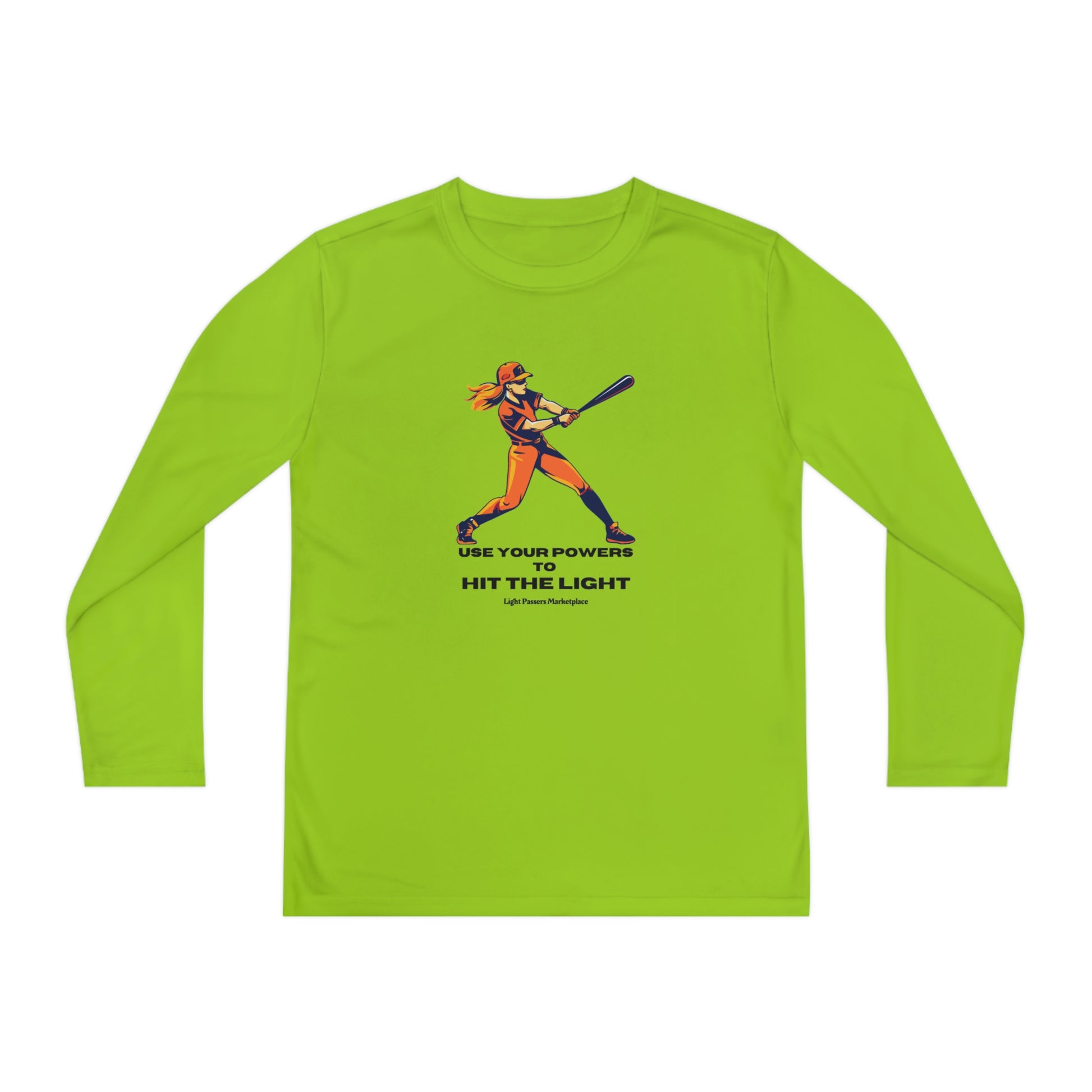 A girl in a green long-sleeved shirt swings a baseball bat. Sport-Tek PosiCharge ® Competitor™ tee, 100% moisture-wicking polyester, lightweight, breathable, perfect for active kids.