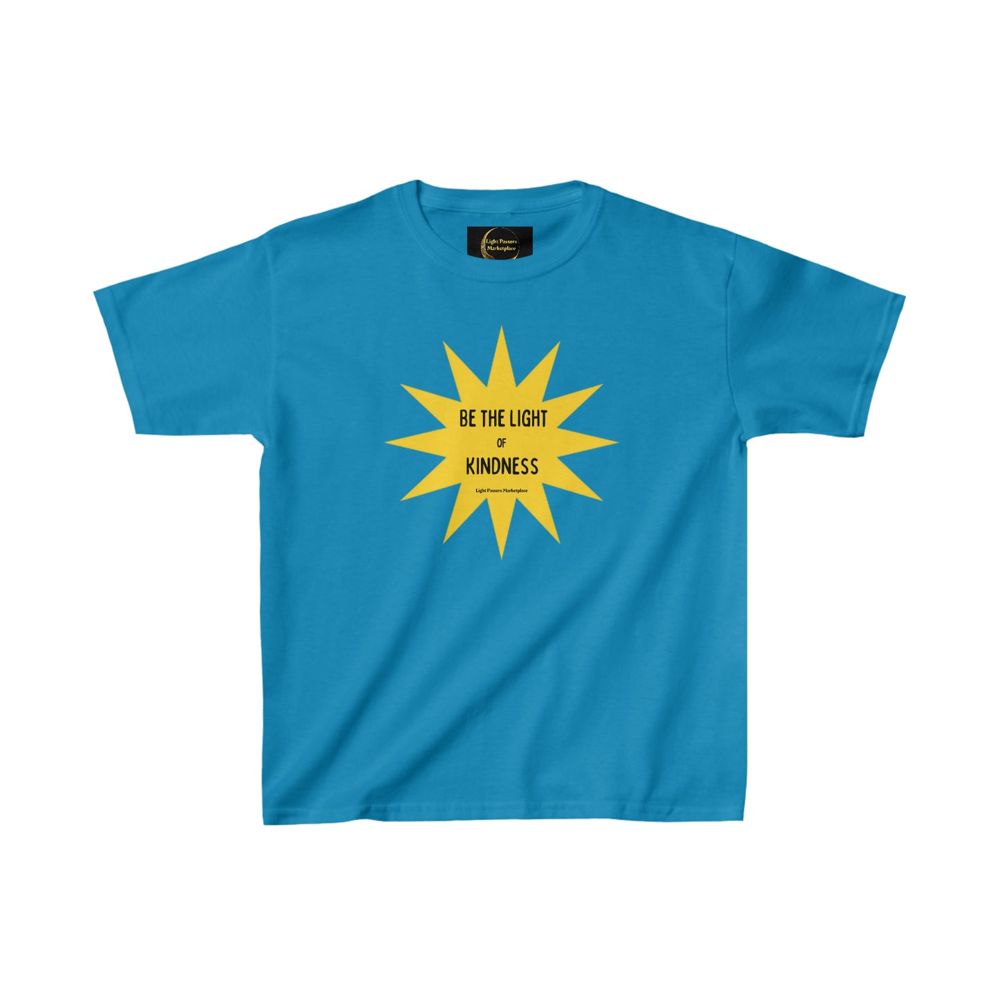 Youth cotton T-shirt featuring a yellow star and black text on a blue background. Made of 100% cotton, ideal for printing, with twill tape shoulders and curl-resistant collar.