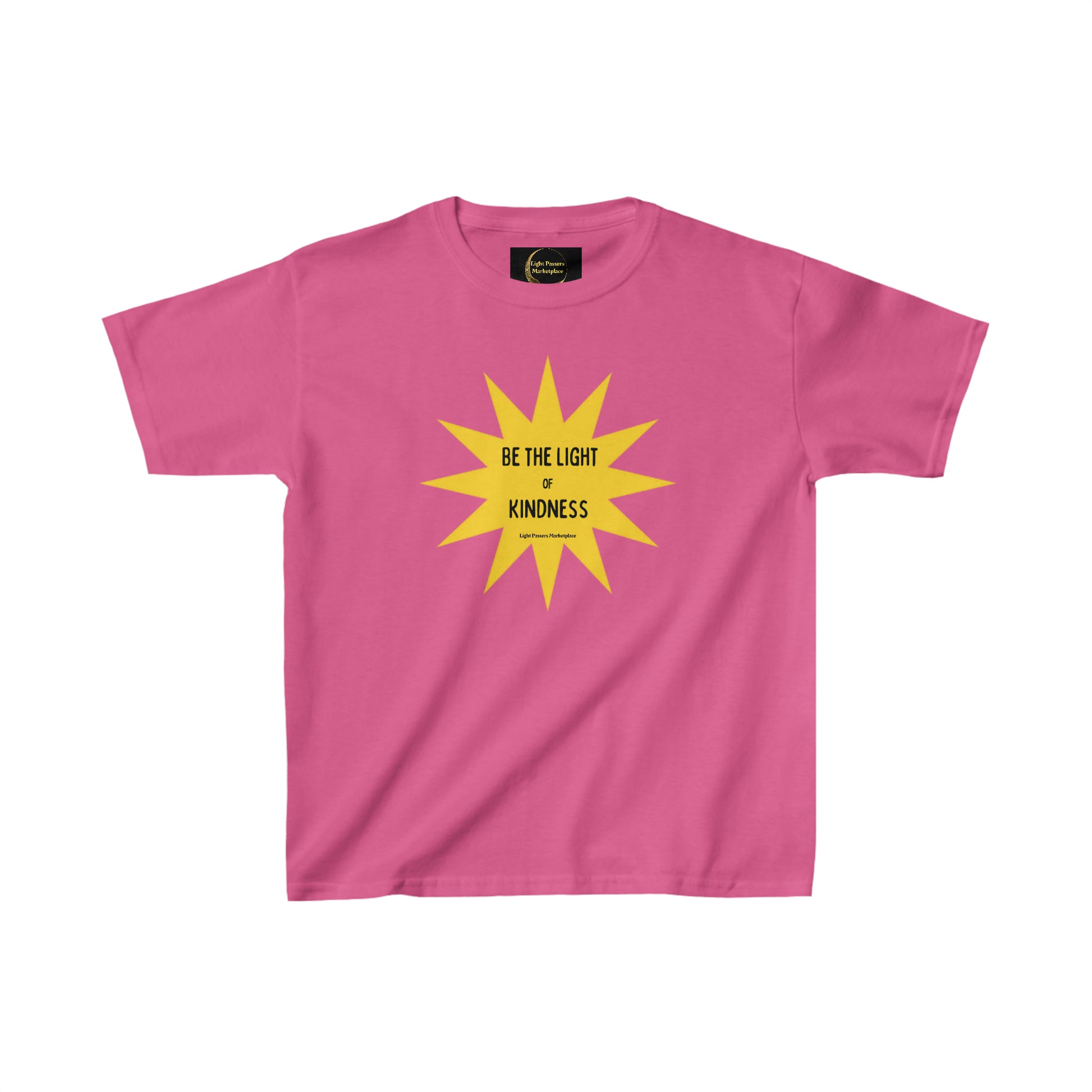 Youth cotton T-shirt featuring a yellow star design. 100% cotton fabric, tear-away label, twill tape shoulders for durability, ribbed collar for curl resistance. Midweight, classic fit, seamless sides.