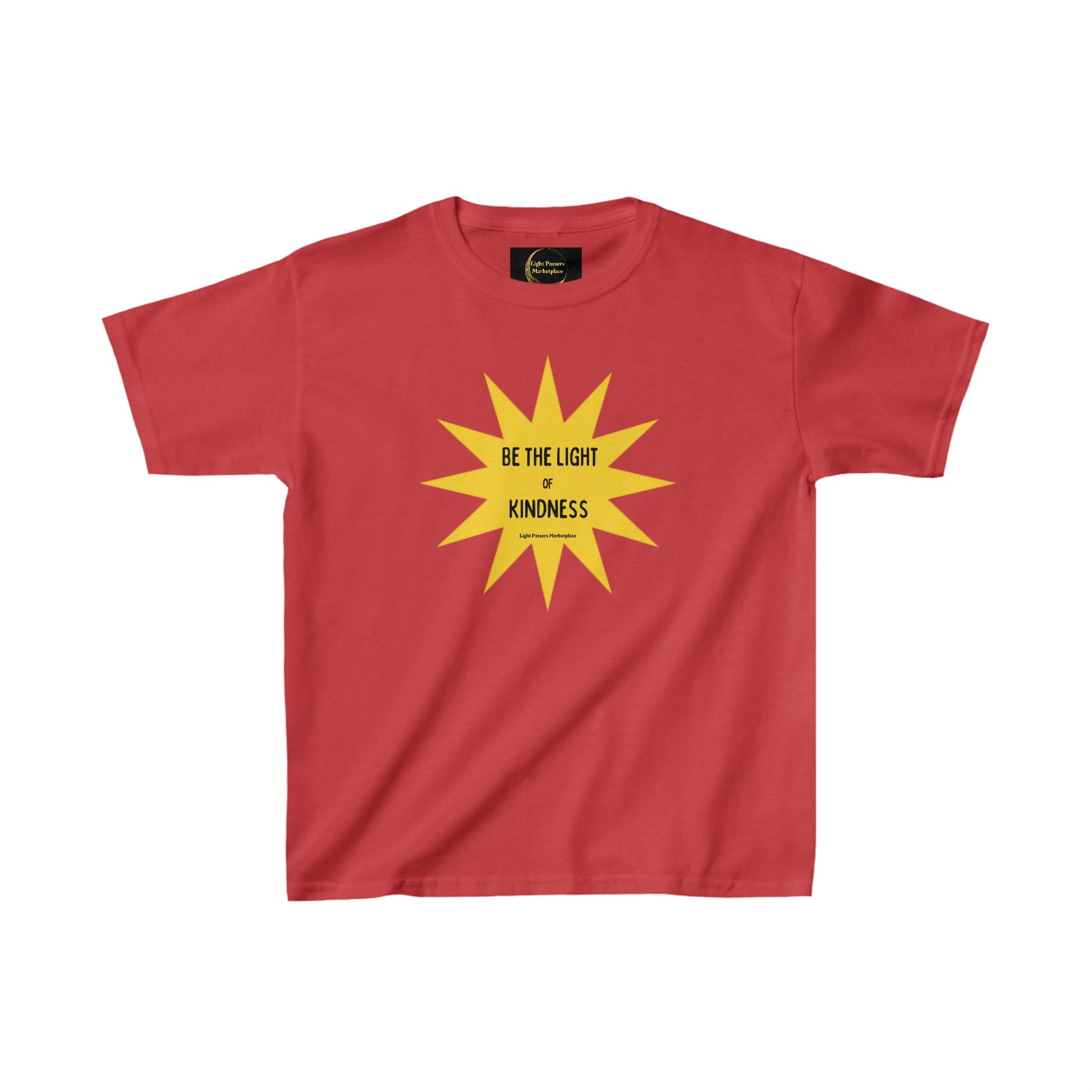Youth cotton T-shirt featuring a yellow star design. Made of 100% cotton with twill tape shoulders for durability. Ribbed collar, tear-away label, and no side seams.