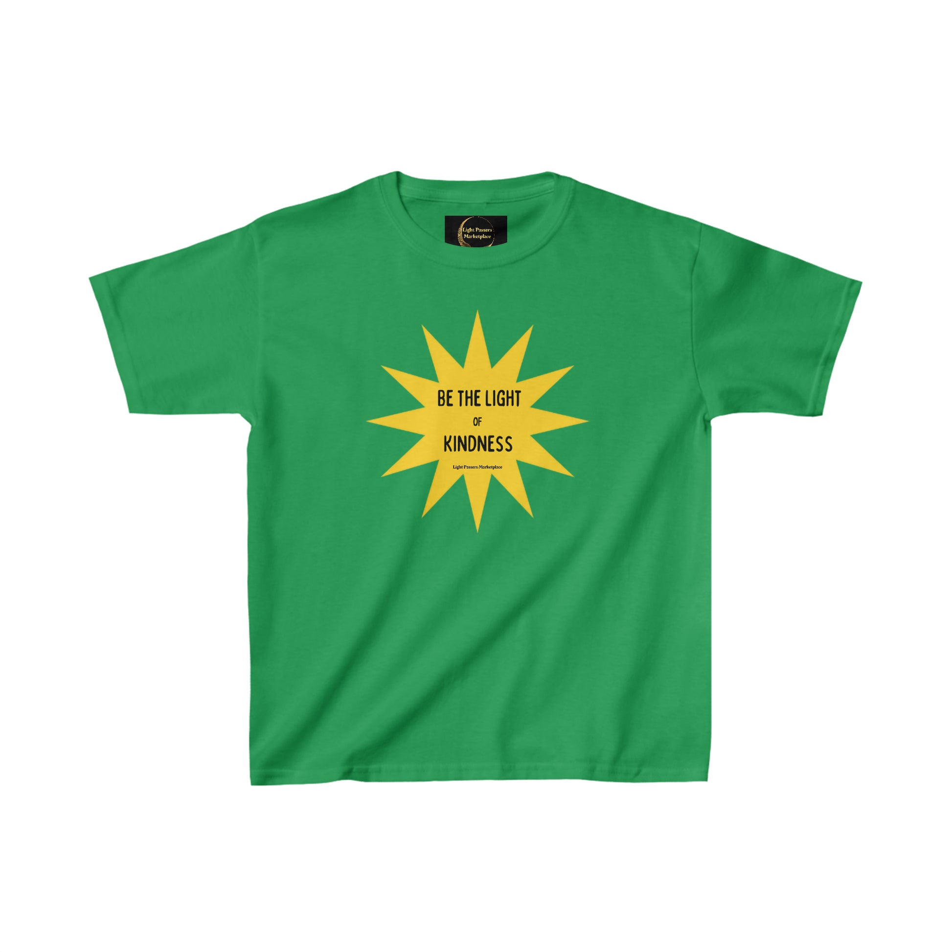 Youth cotton t-shirt featuring a yellow star design. Made of 100% cotton fabric, with twill tape shoulders for durability and ribbed collar for curl resistance. Ideal for everyday wear.