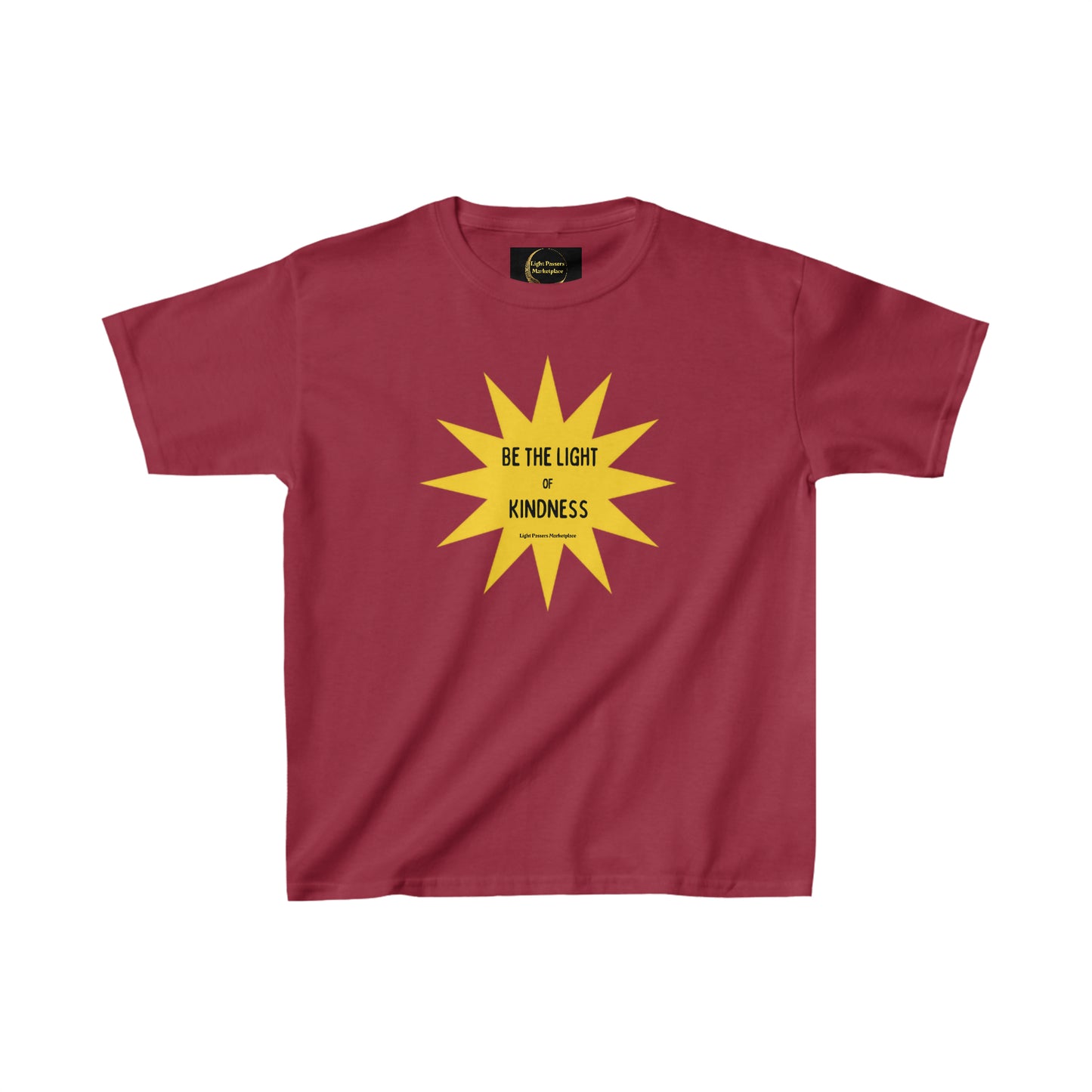 Youth cotton T-shirt featuring a yellow star with black text. 100% cotton, ideal for printing. Twill tape shoulders, ribbed collar for durability. Midweight fabric, tear-away label, classic fit.