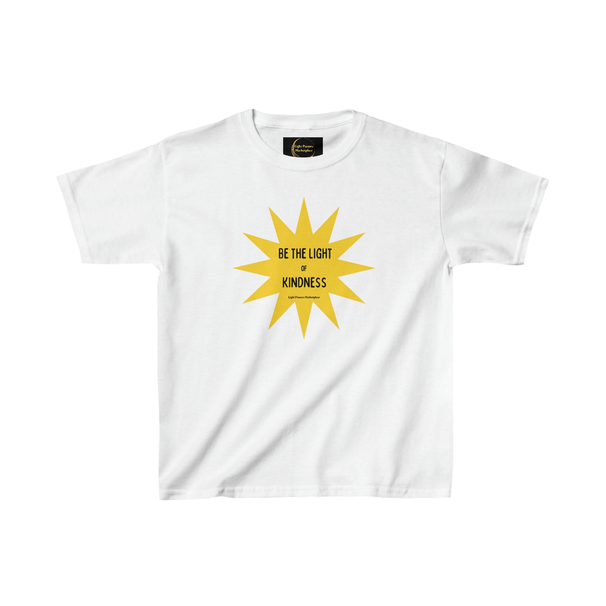 Youth cotton tee featuring a yellow star and sun design. Made of 100% cotton for solid colors, with twill tape shoulders for durability and ribbed collar for curl resistance. Ideal for everyday wear.
