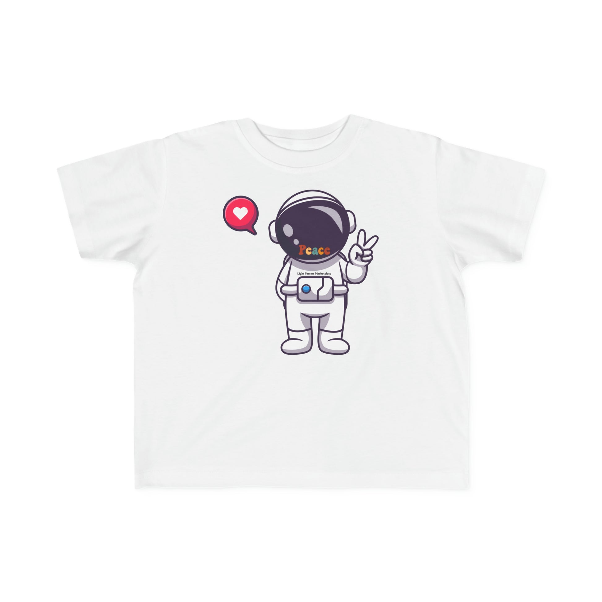 A toddler's white tee featuring a cartoon astronaut making a peace sign. Made of soft, durable 100% cotton, with a tear-away label for comfort.