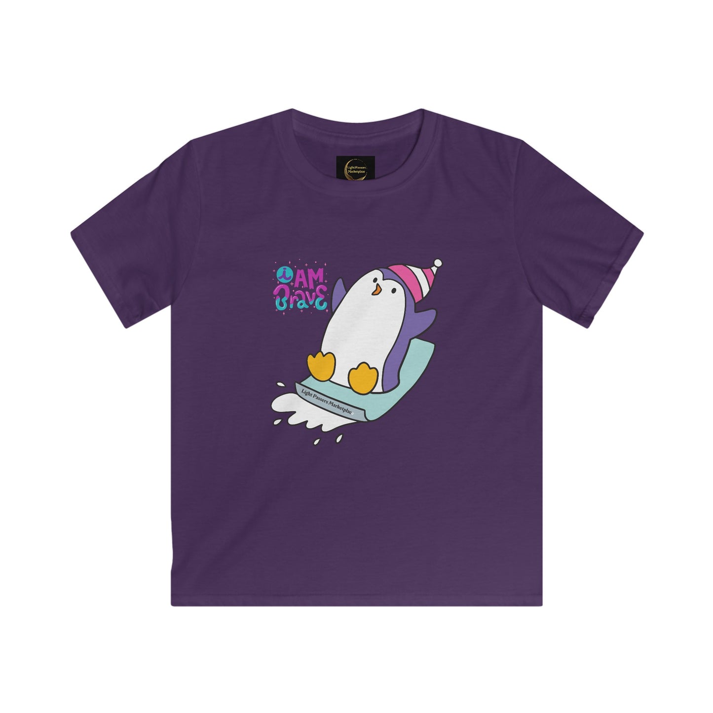 Brave Penguin Youth Soft Tee featuring a cartoon penguin on a sled. Perfect for adventurous kids, offering comfort and durability for everyday wear.