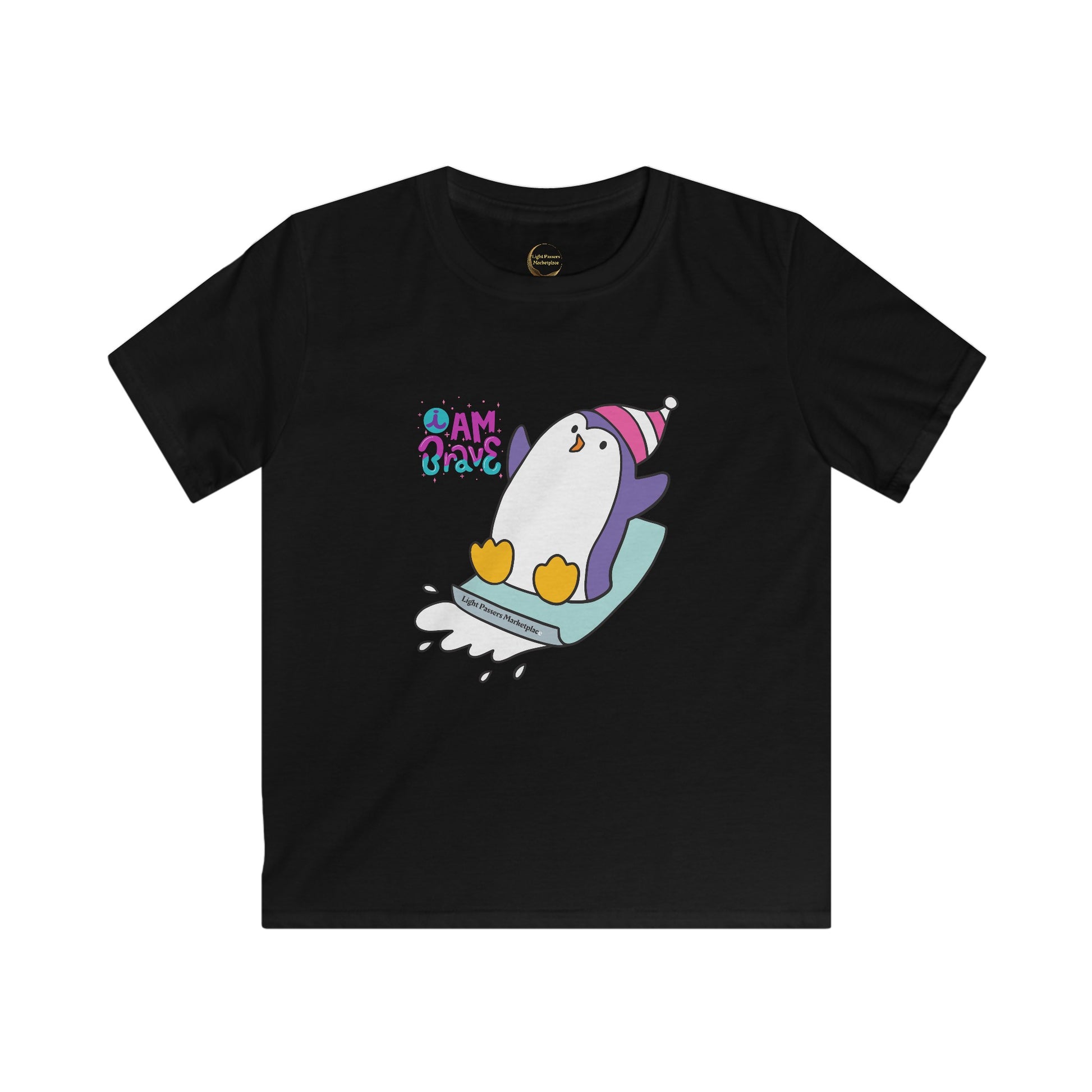 Brave Penguin Youth Soft Tee featuring a cartoon penguin on a ski board, designed for adventurous kids. Made from smooth, durable fabric for everyday comfort.