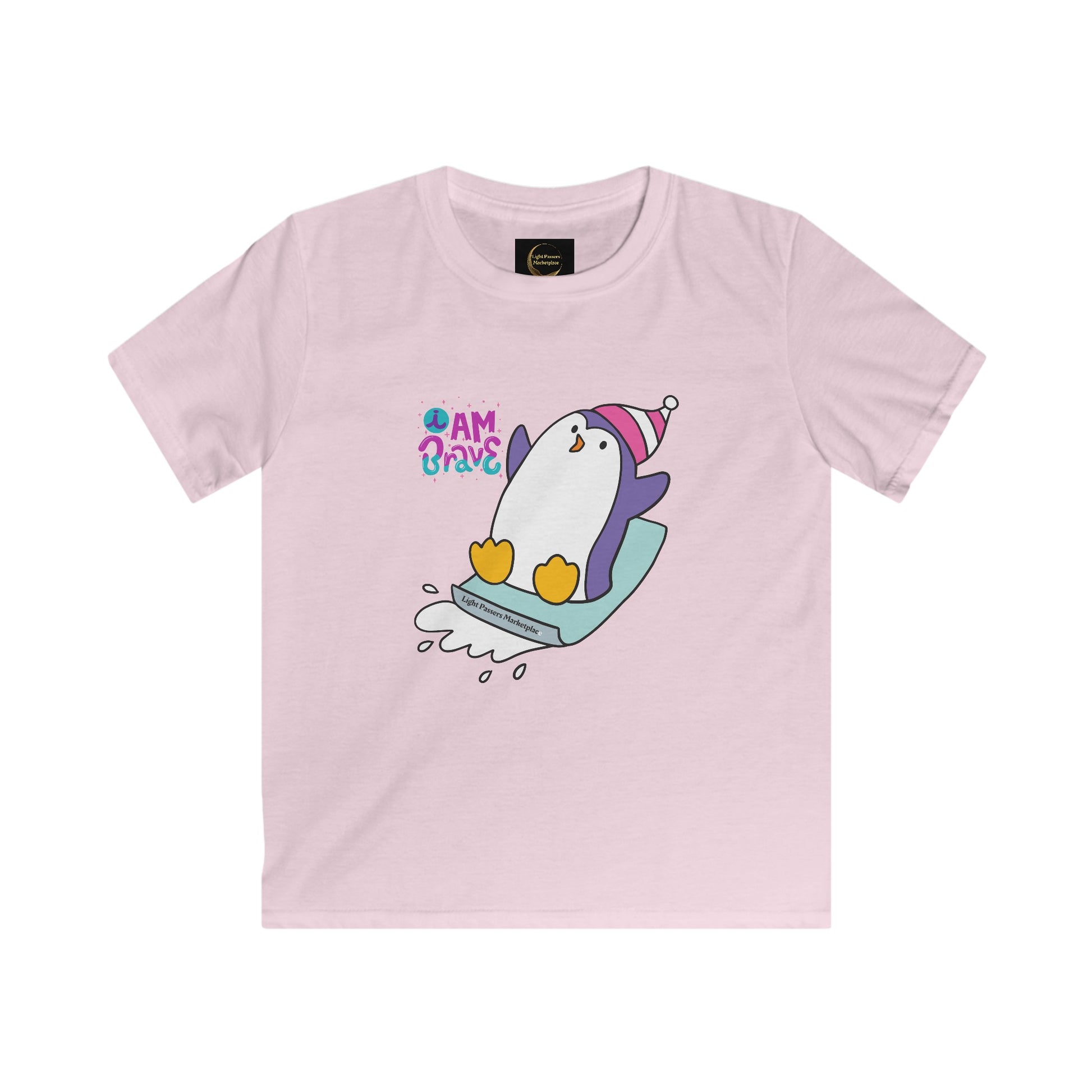 Brave Penguin Youth Soft Tee featuring a cartoon penguin on a sled, perfect for adventurous kids, offering comfort and durability for daily wear.