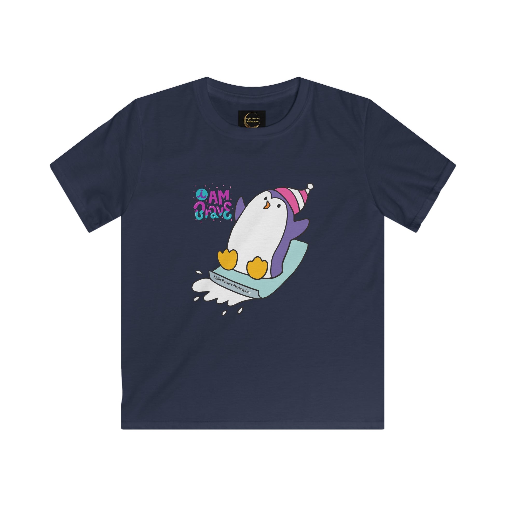 Brave Penguin Youth Soft Tee featuring a cartoon penguin on a sled, designed for adventurous kids, made from durable, smooth fabric for comfort.