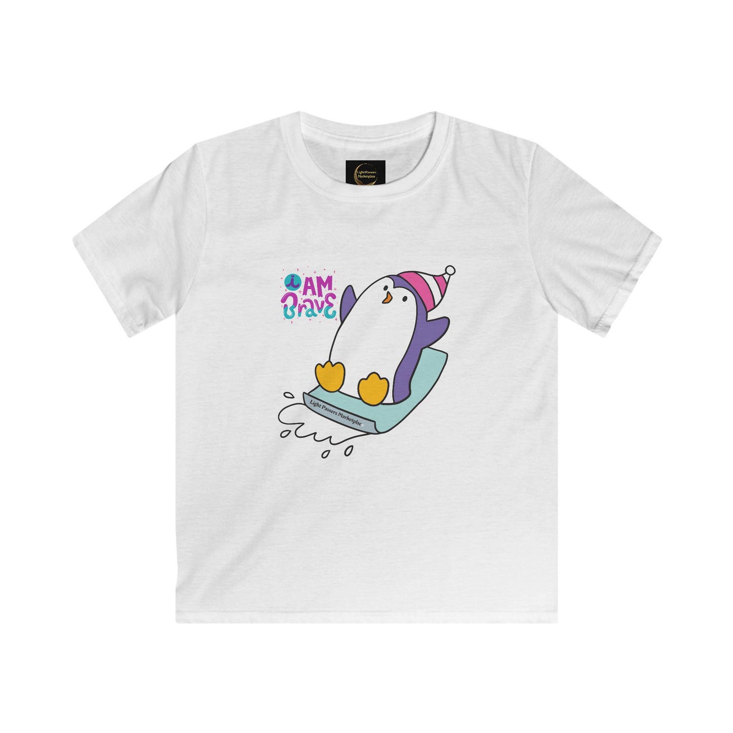 Brave Penguin Youth Soft Tee featuring a cartoon penguin on a sled, designed for comfort and durability, ideal for adventurous kids.