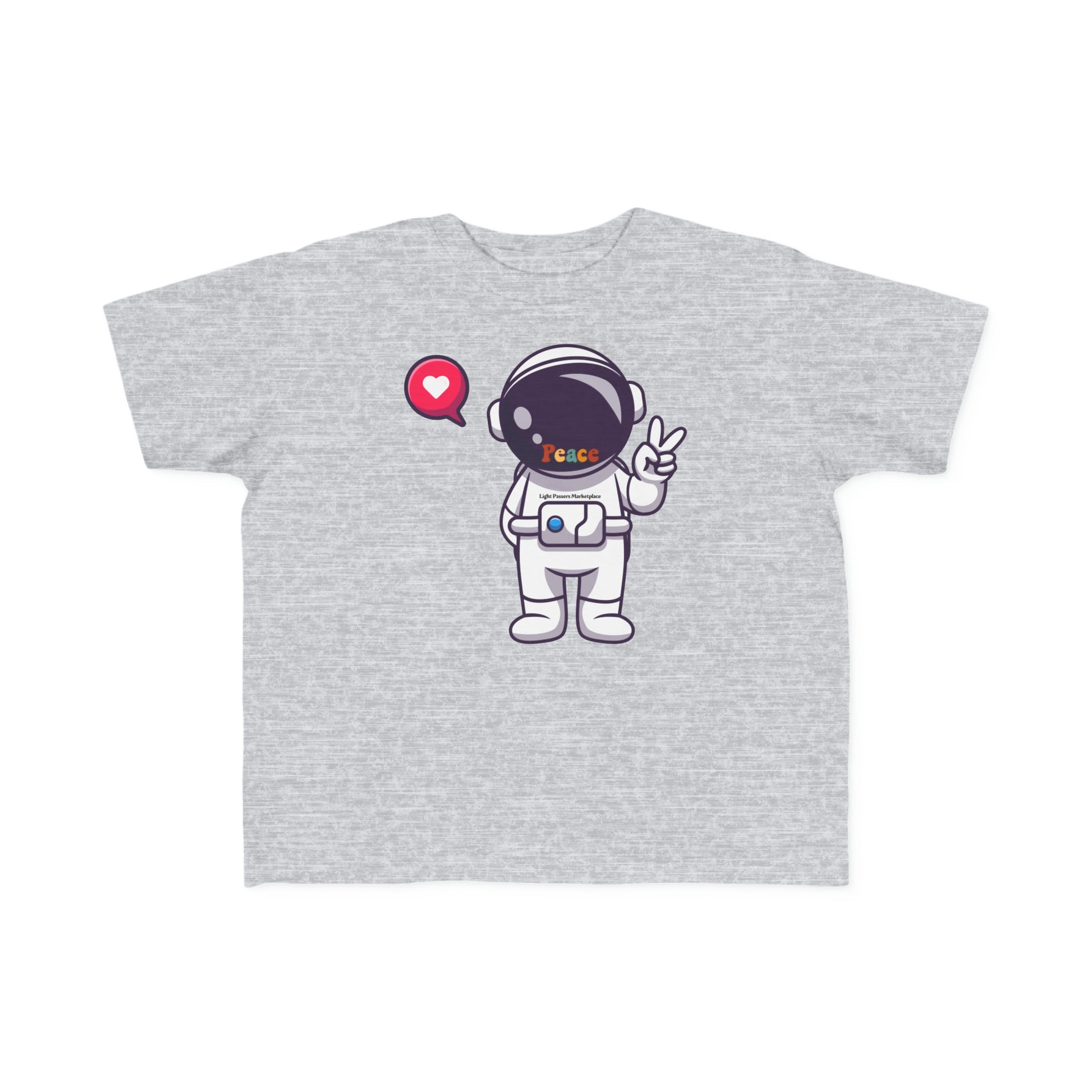 A toddler t-shirt featuring a cartoon astronaut making a peace sign. Soft, 100% combed cotton with a durable print. Light fabric, tear-away label, classic fit.